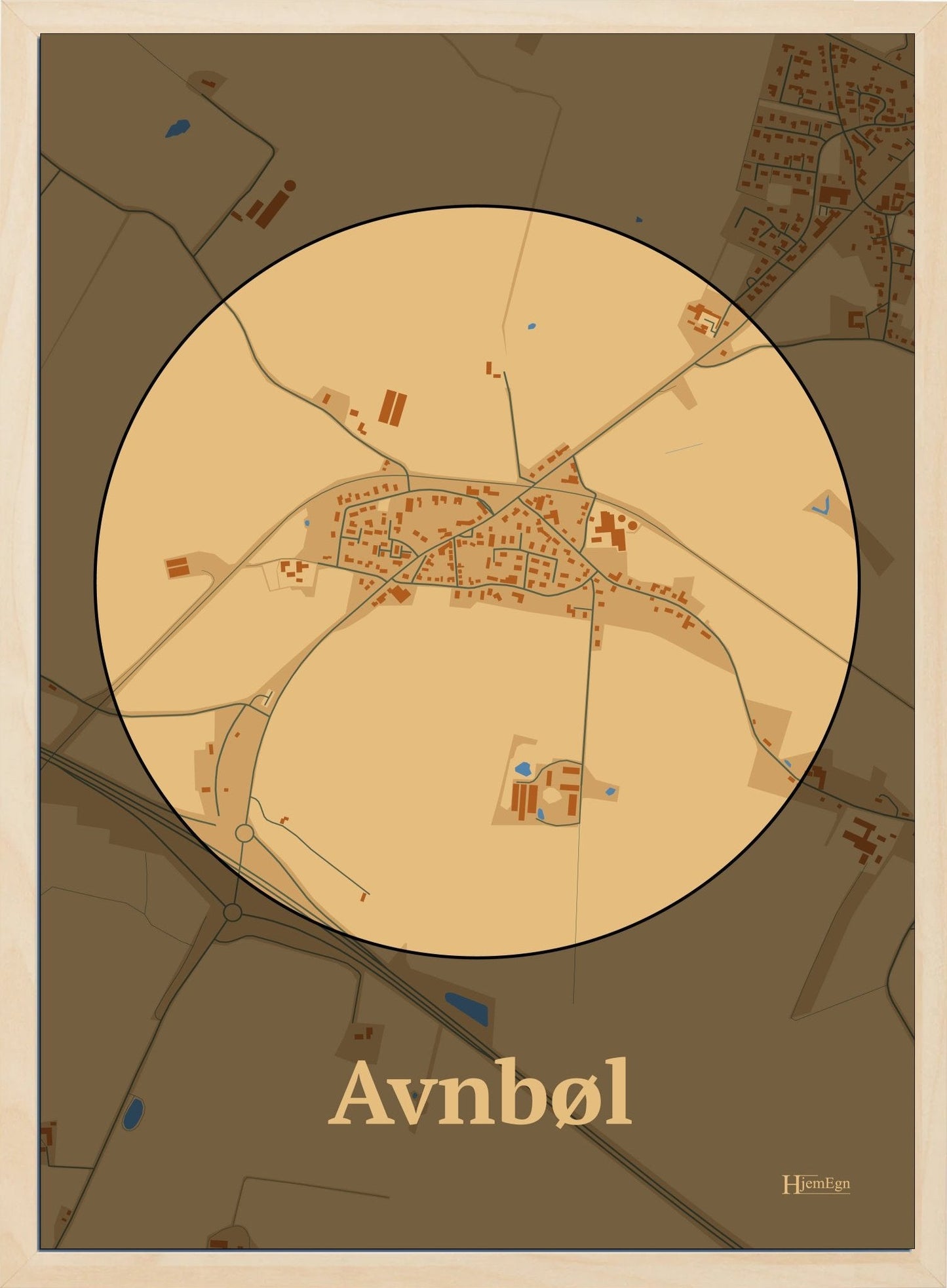 Avnbøl plakat i farve pastel brun og HjemEgn.dk design centrum. Design bykort for Avnbøl