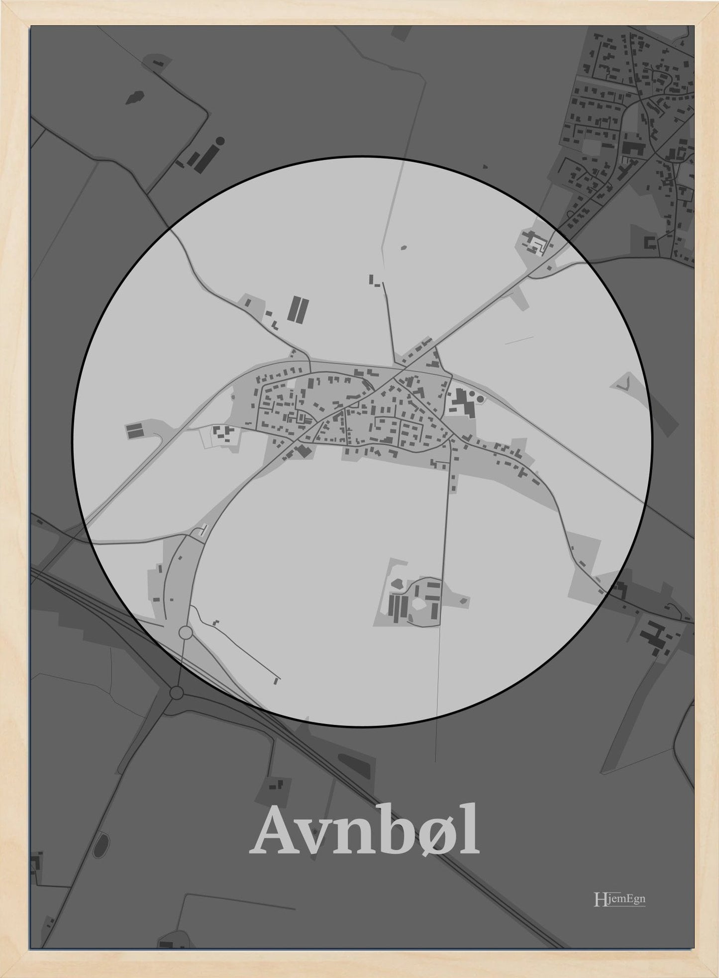 Avnbøl plakat i farve pastel grå og HjemEgn.dk design centrum. Design bykort for Avnbøl