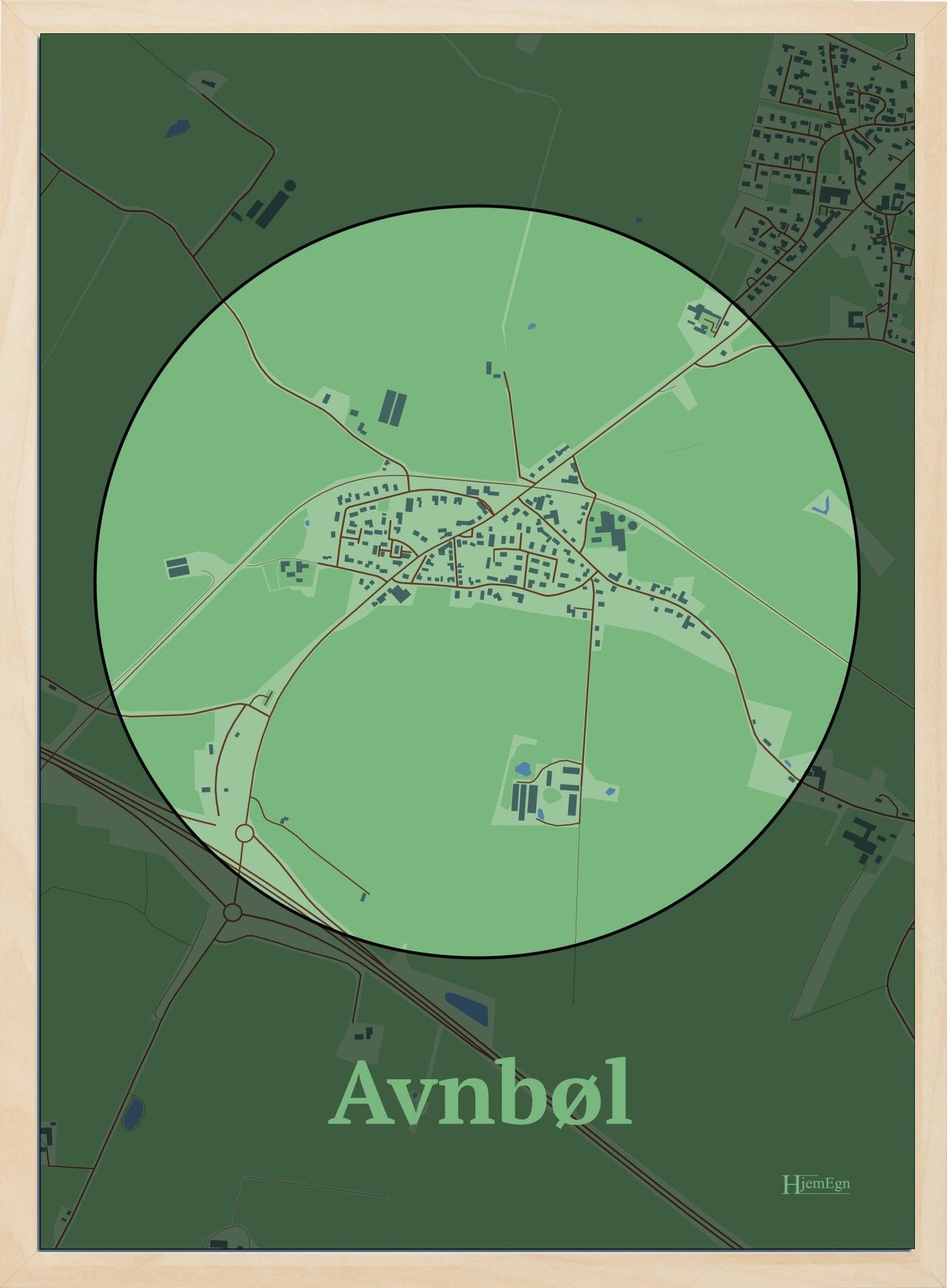 Avnbøl plakat i farve pastel grøn og HjemEgn.dk design centrum. Design bykort for Avnbøl