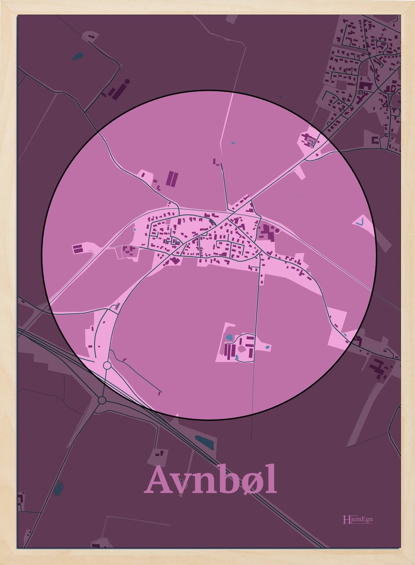 Avnbøl plakat i farve pastel rød og HjemEgn.dk design centrum. Design bykort for Avnbøl