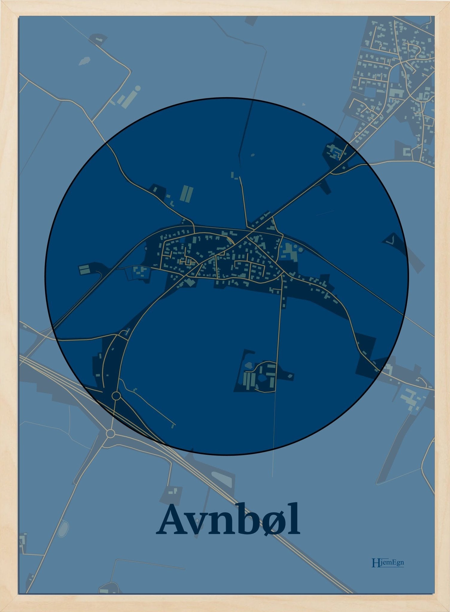 Avnbøl plakat i farve mørk blå og HjemEgn.dk design centrum. Design bykort for Avnbøl