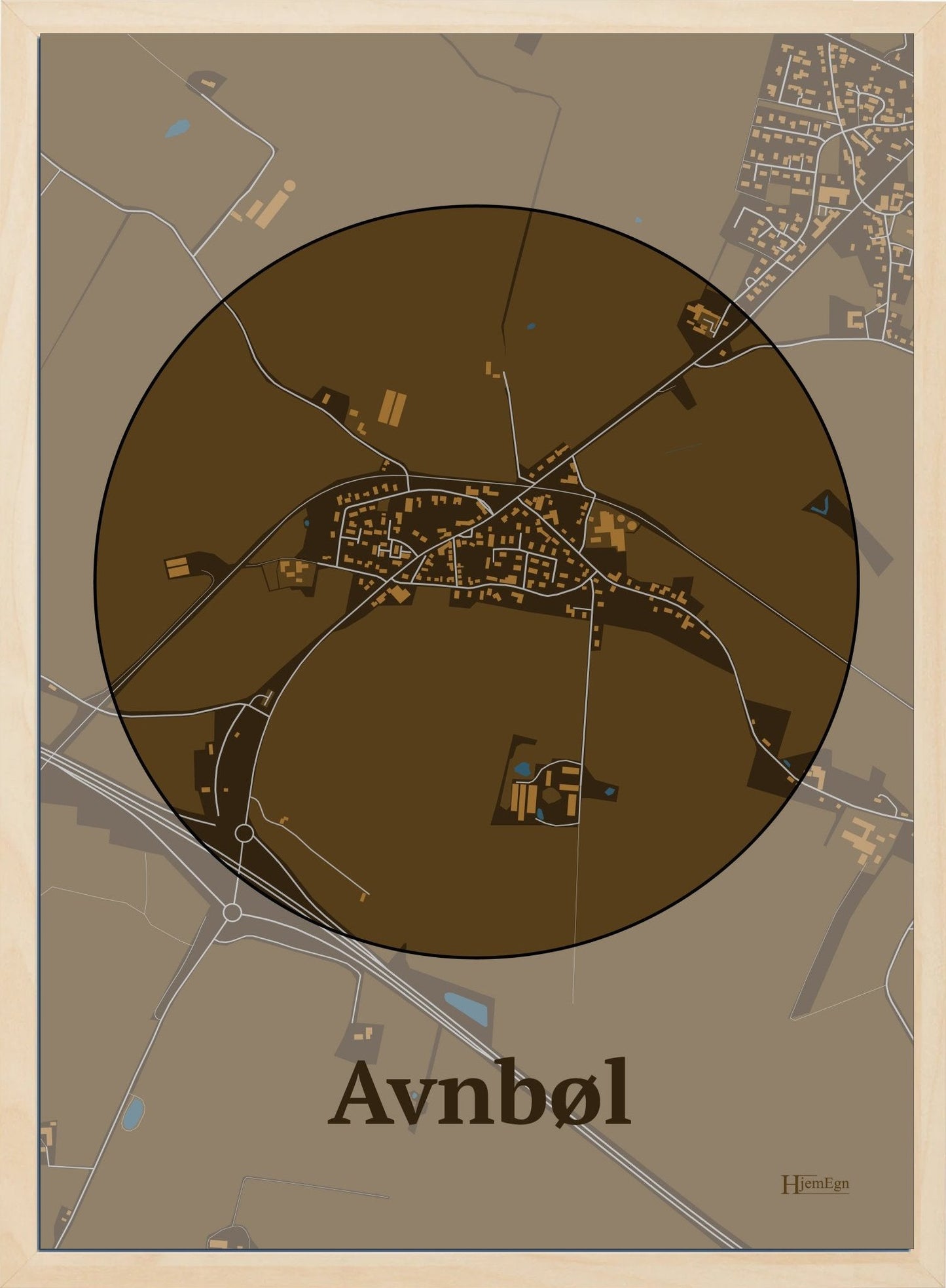 Avnbøl plakat i farve mørk brun og HjemEgn.dk design centrum. Design bykort for Avnbøl