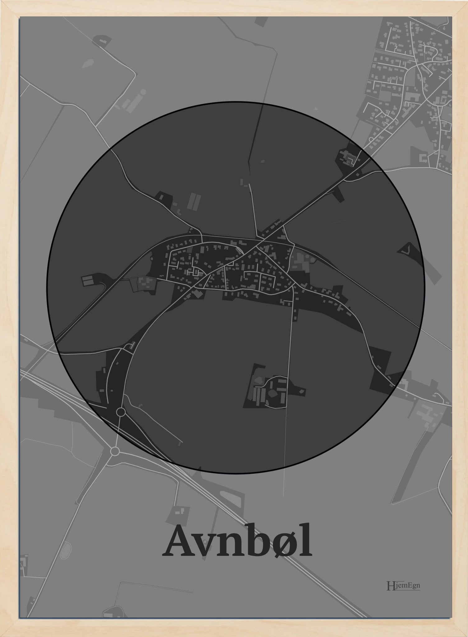 Avnbøl plakat i farve mørk grå og HjemEgn.dk design centrum. Design bykort for Avnbøl