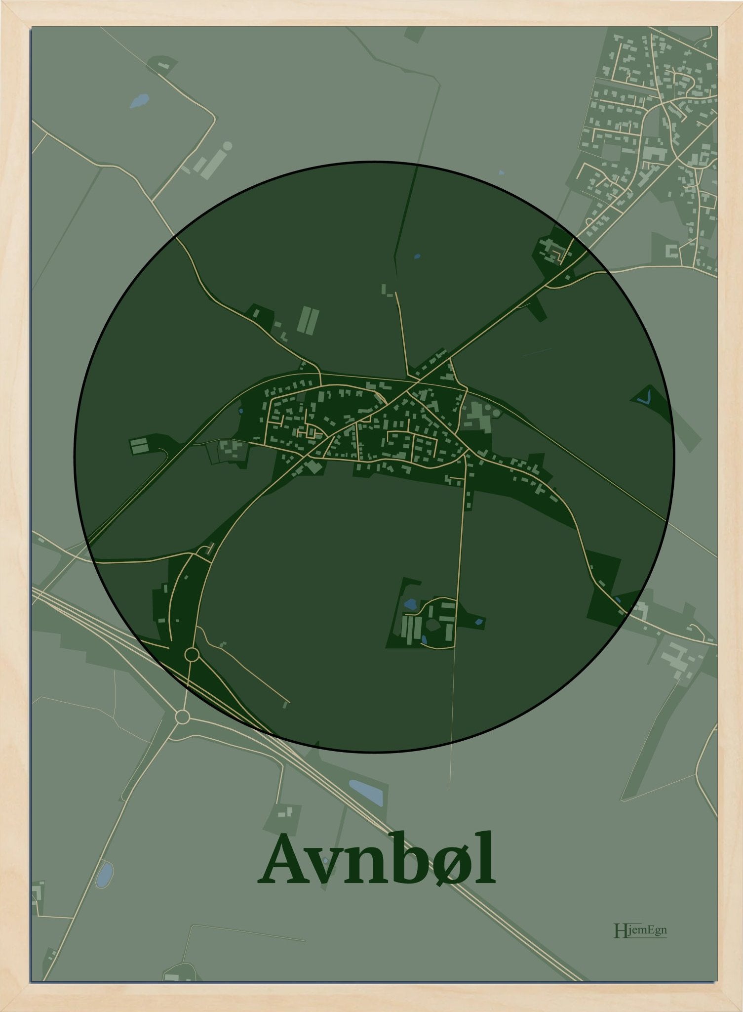 Avnbøl plakat i farve mørk grøn og HjemEgn.dk design centrum. Design bykort for Avnbøl