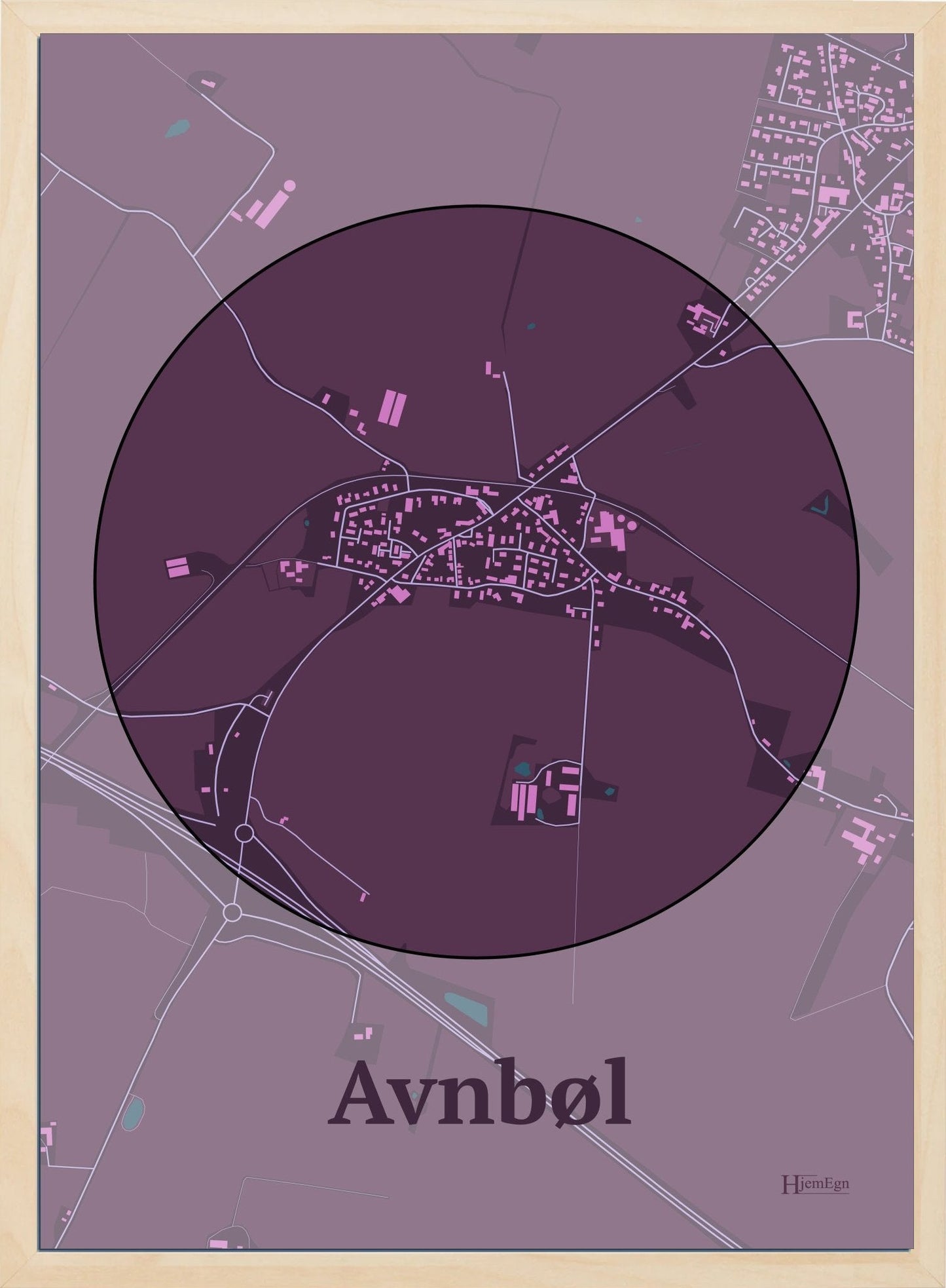 Avnbøl plakat i farve mørk rød og HjemEgn.dk design centrum. Design bykort for Avnbøl