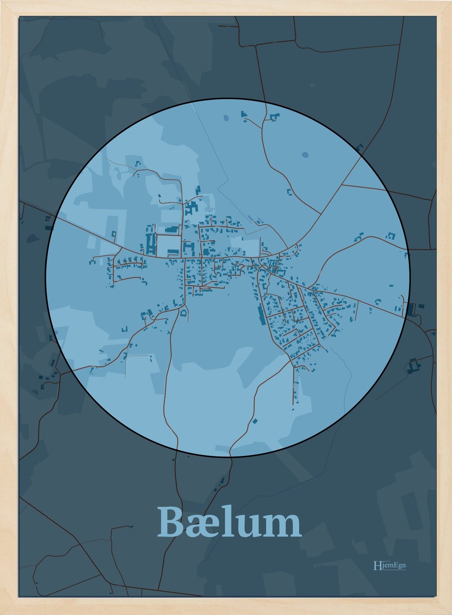 Bælum plakat i pastel blå og HjemEgn.dk design firkantet. Design bykort for Bælum