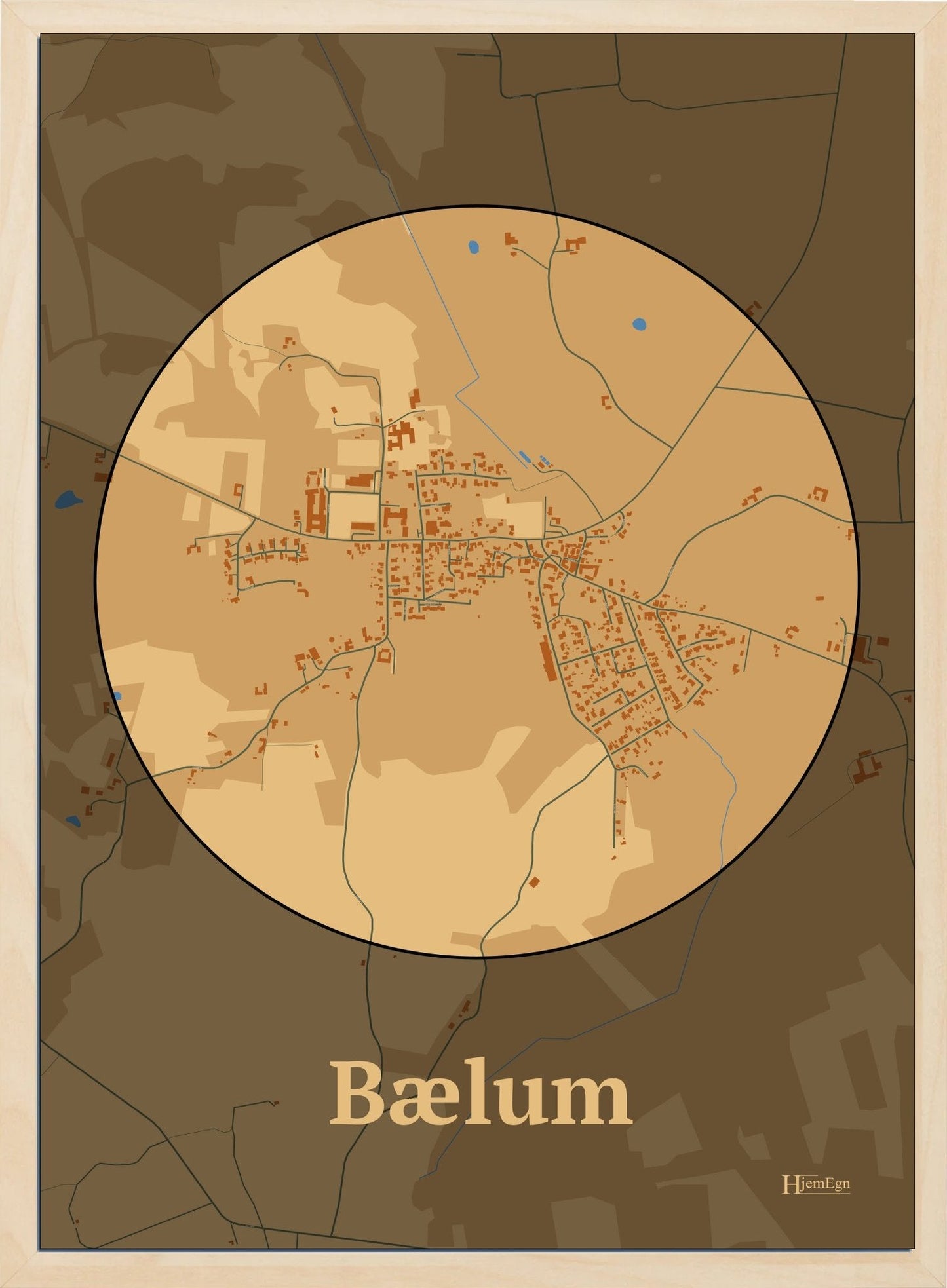 Bælum plakat i pastel brun og HjemEgn.dk design firkantet. Design bykort for Bælum