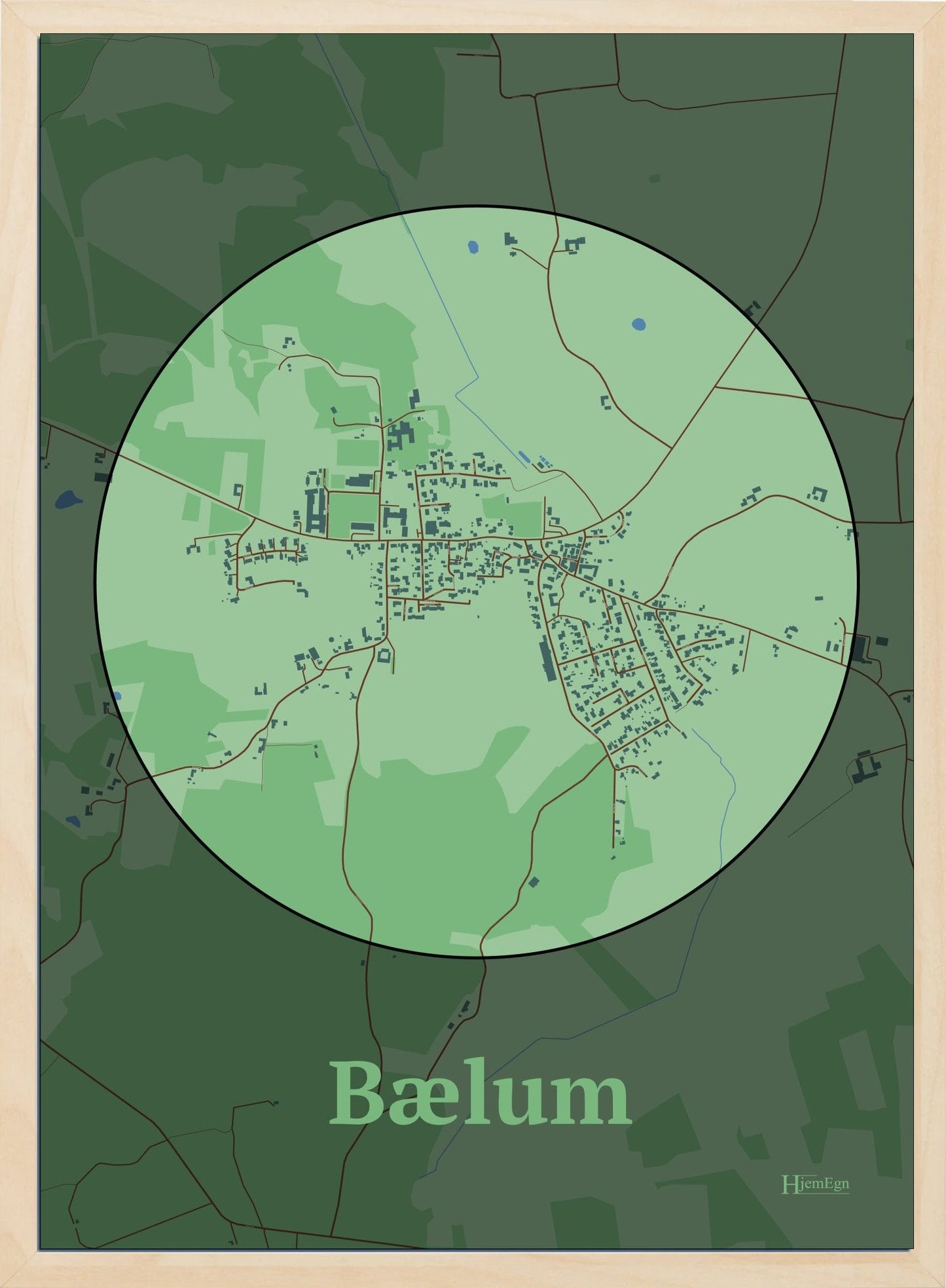 Bælum plakat i pastel grøn og HjemEgn.dk design firkantet. Design bykort for Bælum