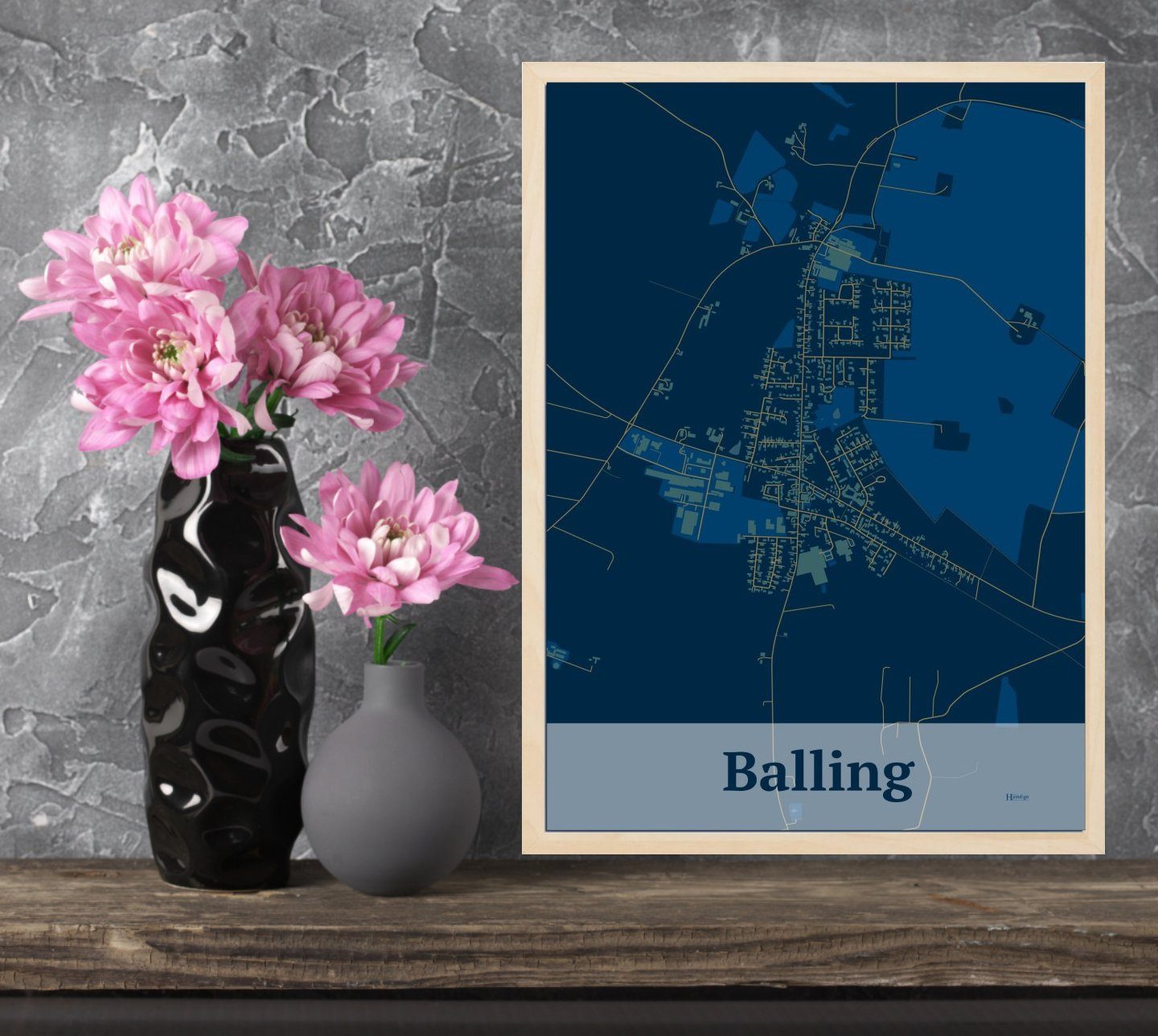 Balling plakat i farve  og HjemEgn.dk design firkantet. Design bykort for Balling