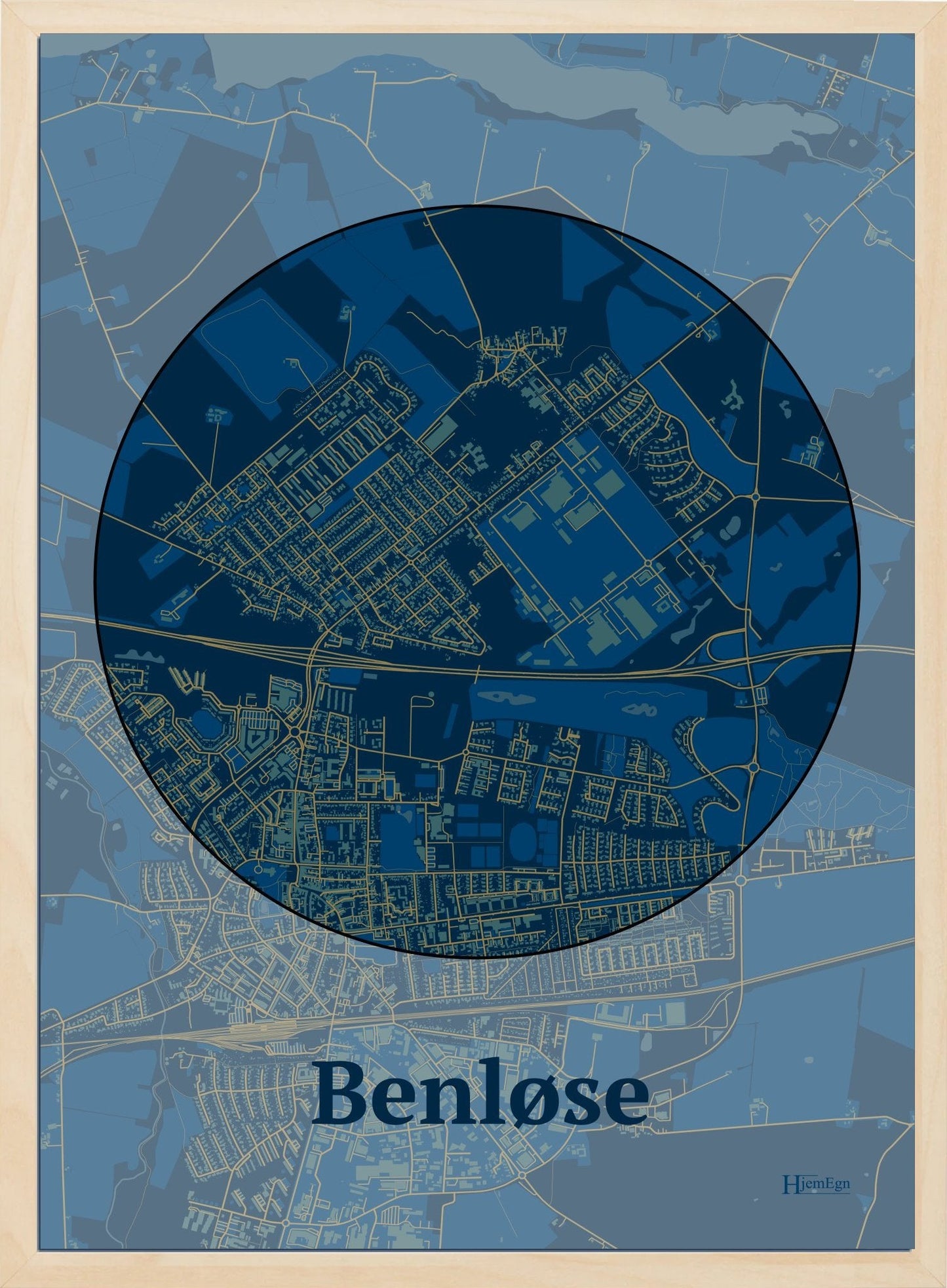 Benløse plakat i farve mørk blå og HjemEgn.dk design centrum. Design bykort for Benløse