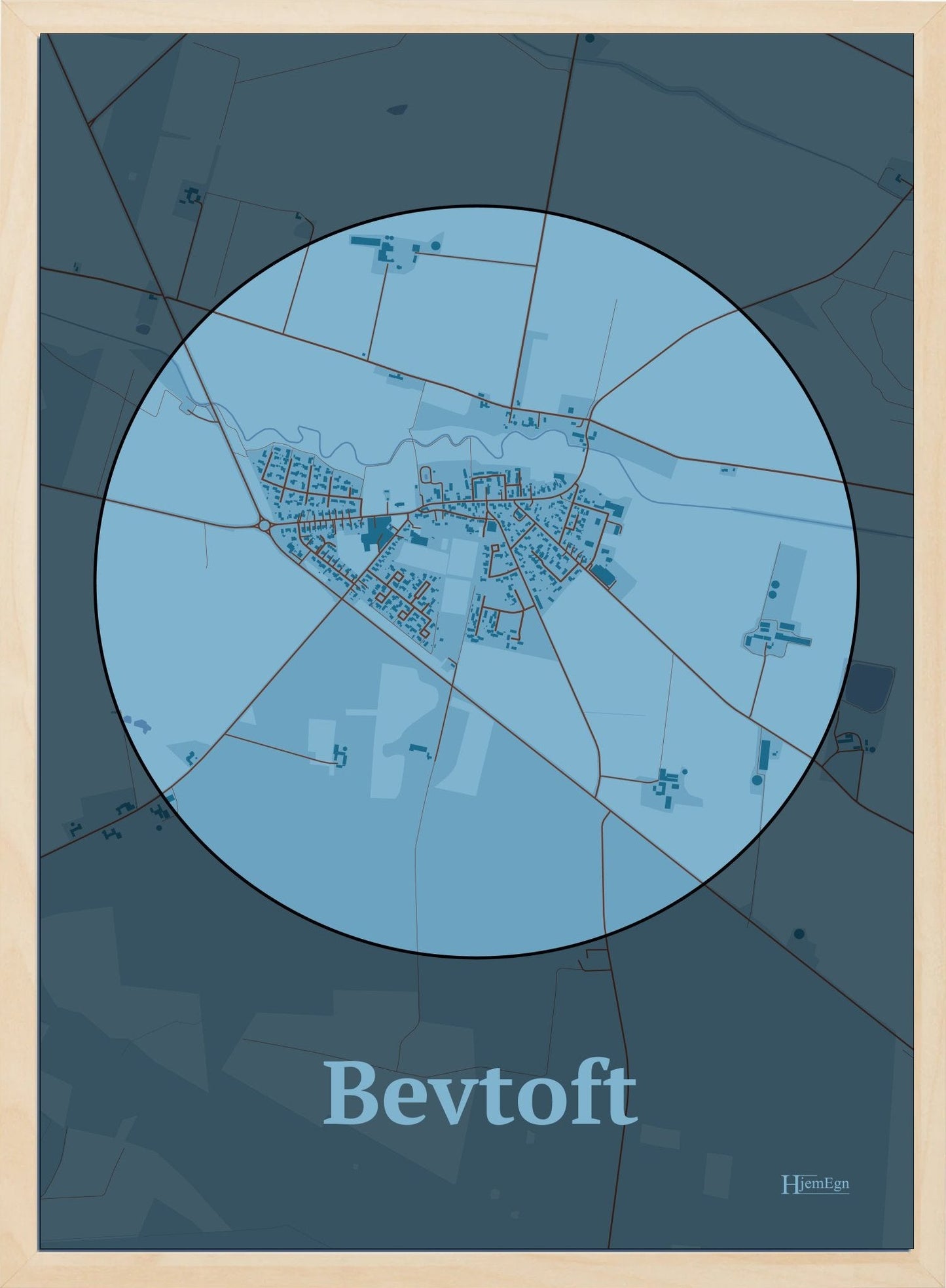 Bevtoft plakat i farve pastel blå og HjemEgn.dk design centrum. Design bykort for Bevtoft