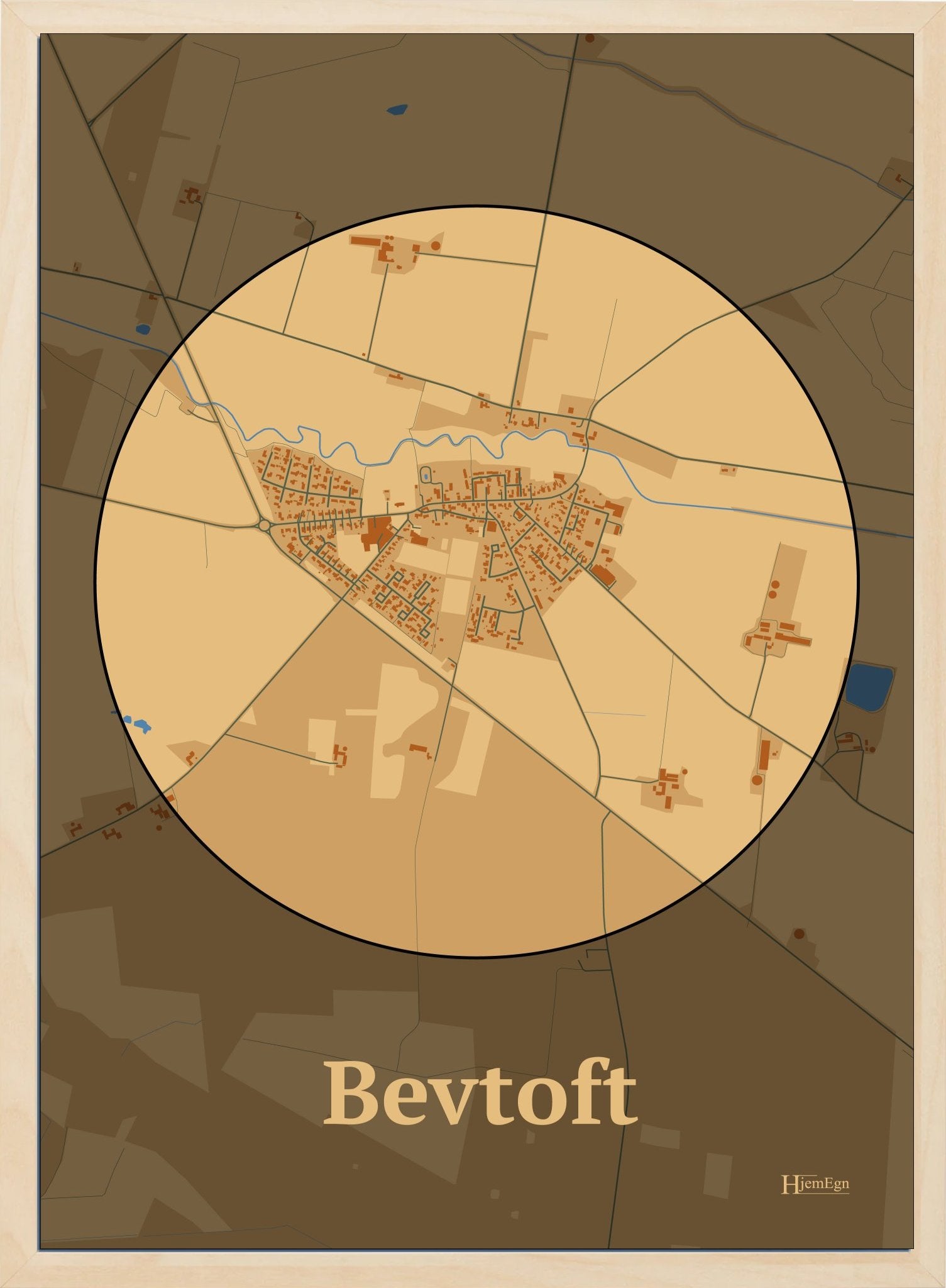 Bevtoft plakat i farve pastel brun og HjemEgn.dk design centrum. Design bykort for Bevtoft