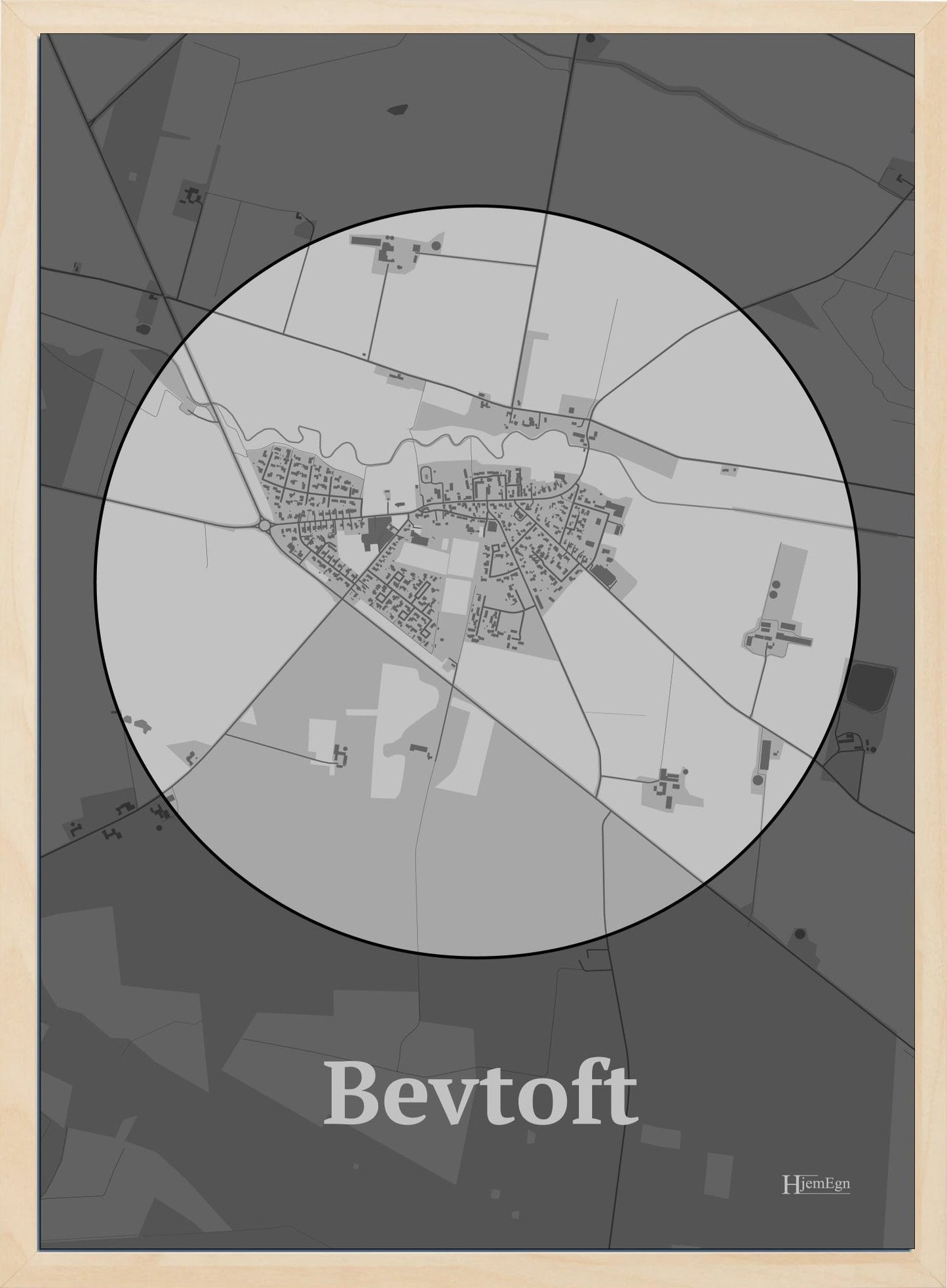 Bevtoft plakat i farve pastel grå og HjemEgn.dk design centrum. Design bykort for Bevtoft