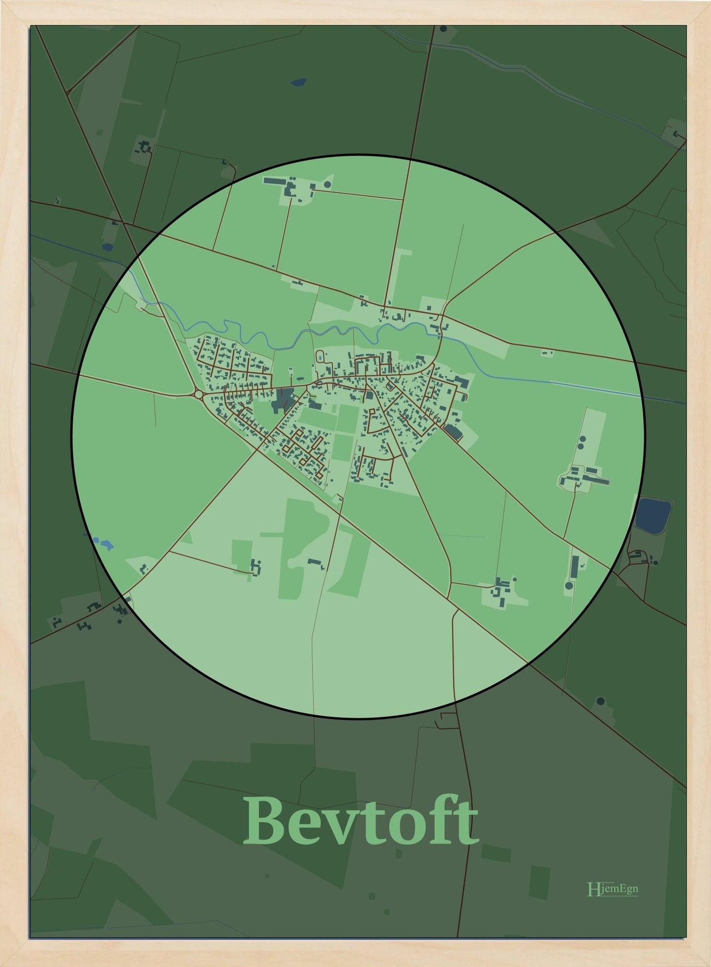 Bevtoft plakat i farve pastel grøn og HjemEgn.dk design centrum. Design bykort for Bevtoft