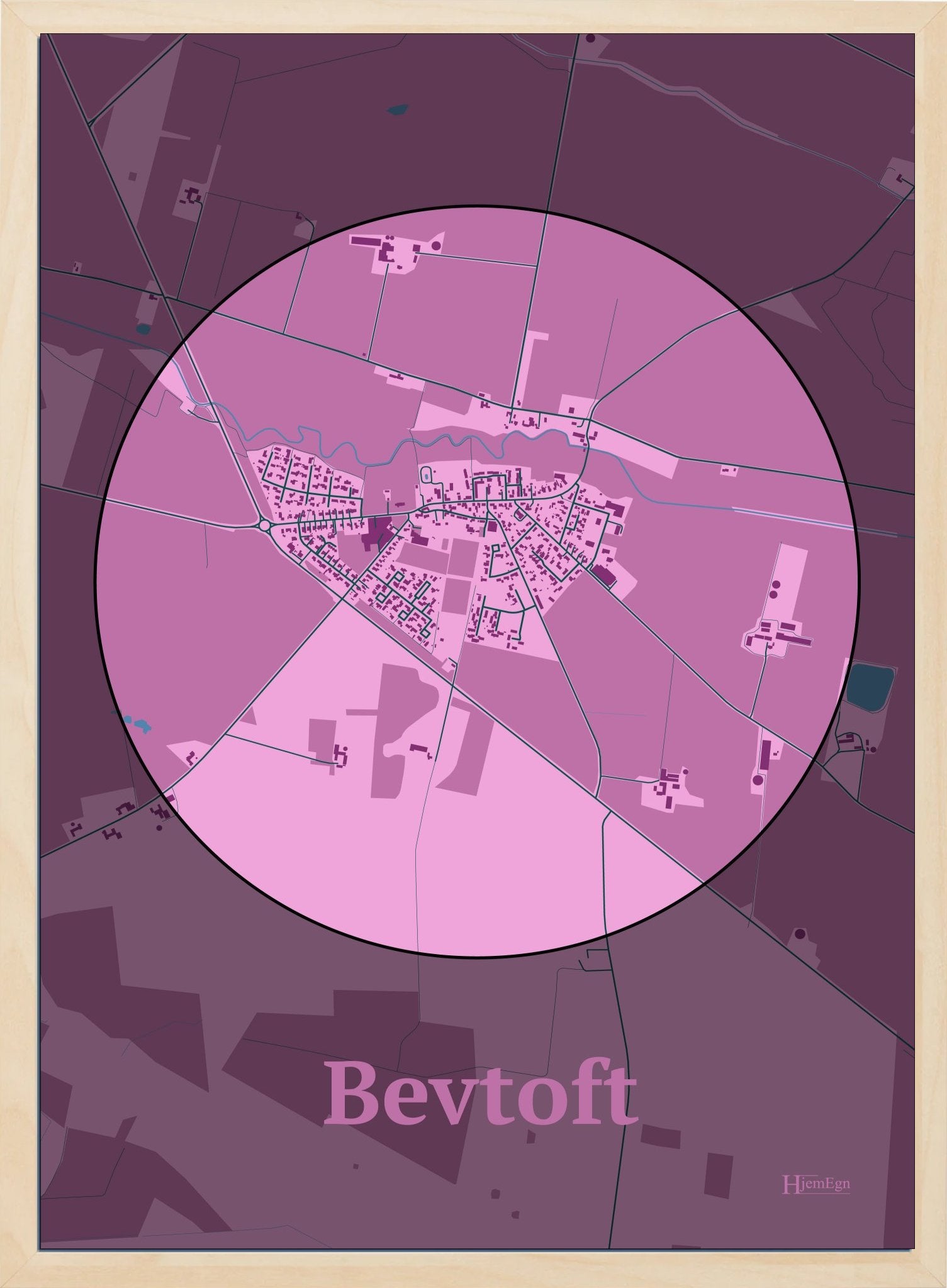 Bevtoft plakat i farve pastel rød og HjemEgn.dk design centrum. Design bykort for Bevtoft