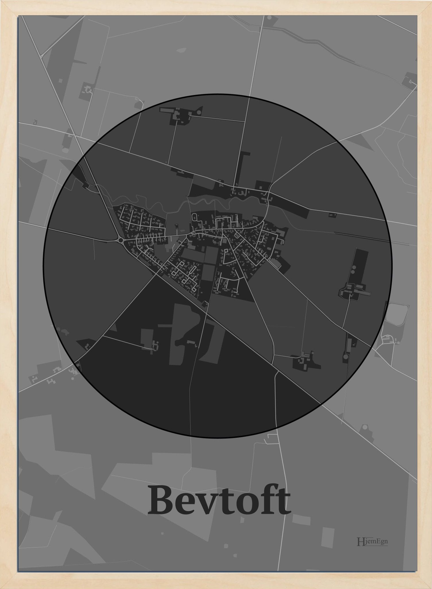 Bevtoft plakat i farve mørk grå og HjemEgn.dk design centrum. Design bykort for Bevtoft
