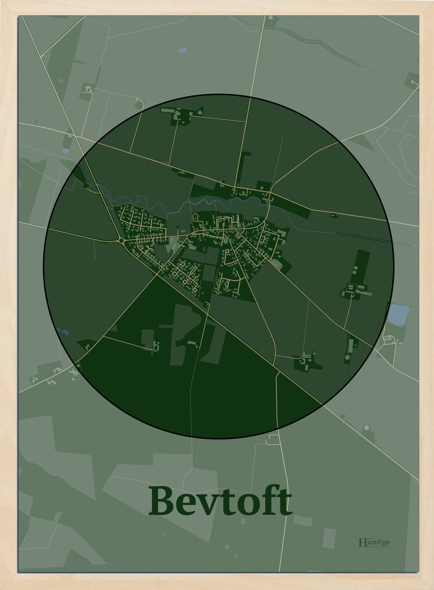 Bevtoft plakat i farve mørk grøn og HjemEgn.dk design centrum. Design bykort for Bevtoft