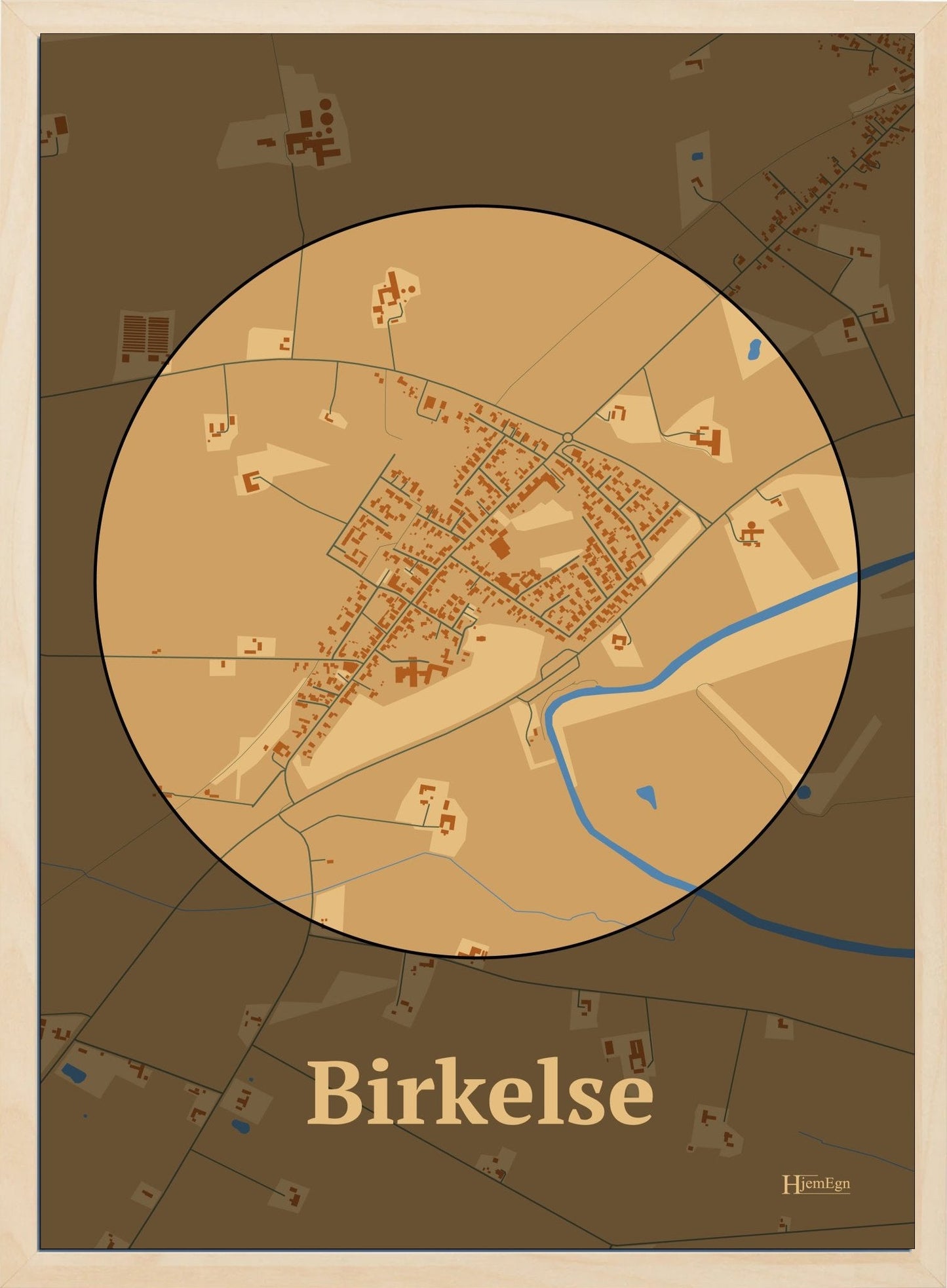 Birkelse plakat i farve pastel brun og HjemEgn.dk design centrum. Design bykort for Birkelse
