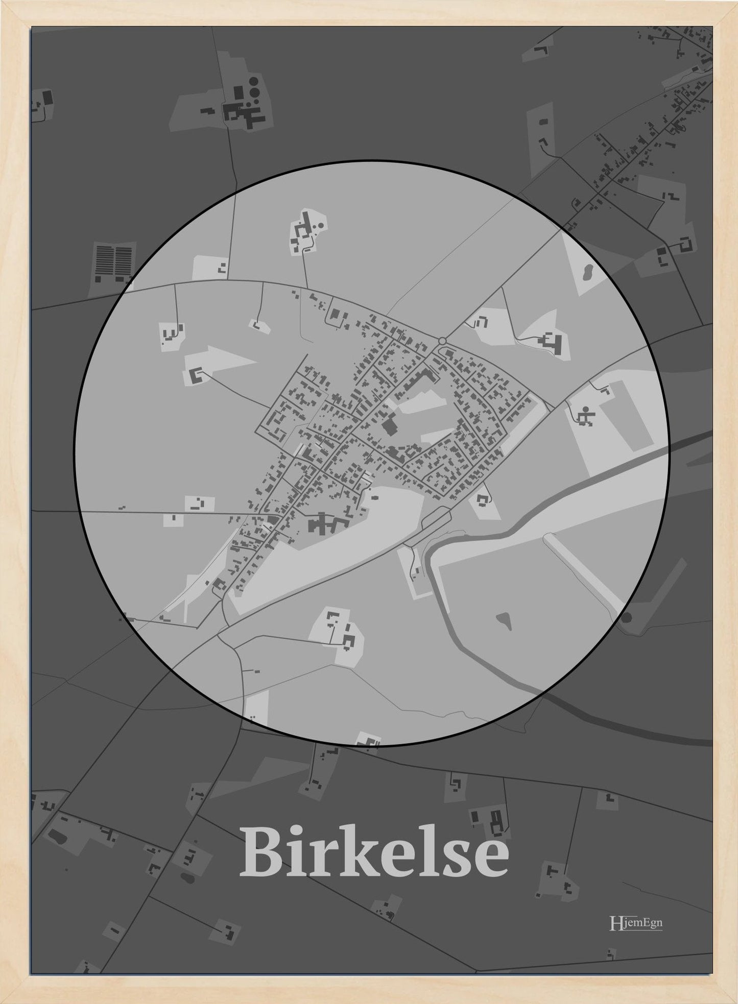 Birkelse plakat i farve pastel grå og HjemEgn.dk design centrum. Design bykort for Birkelse