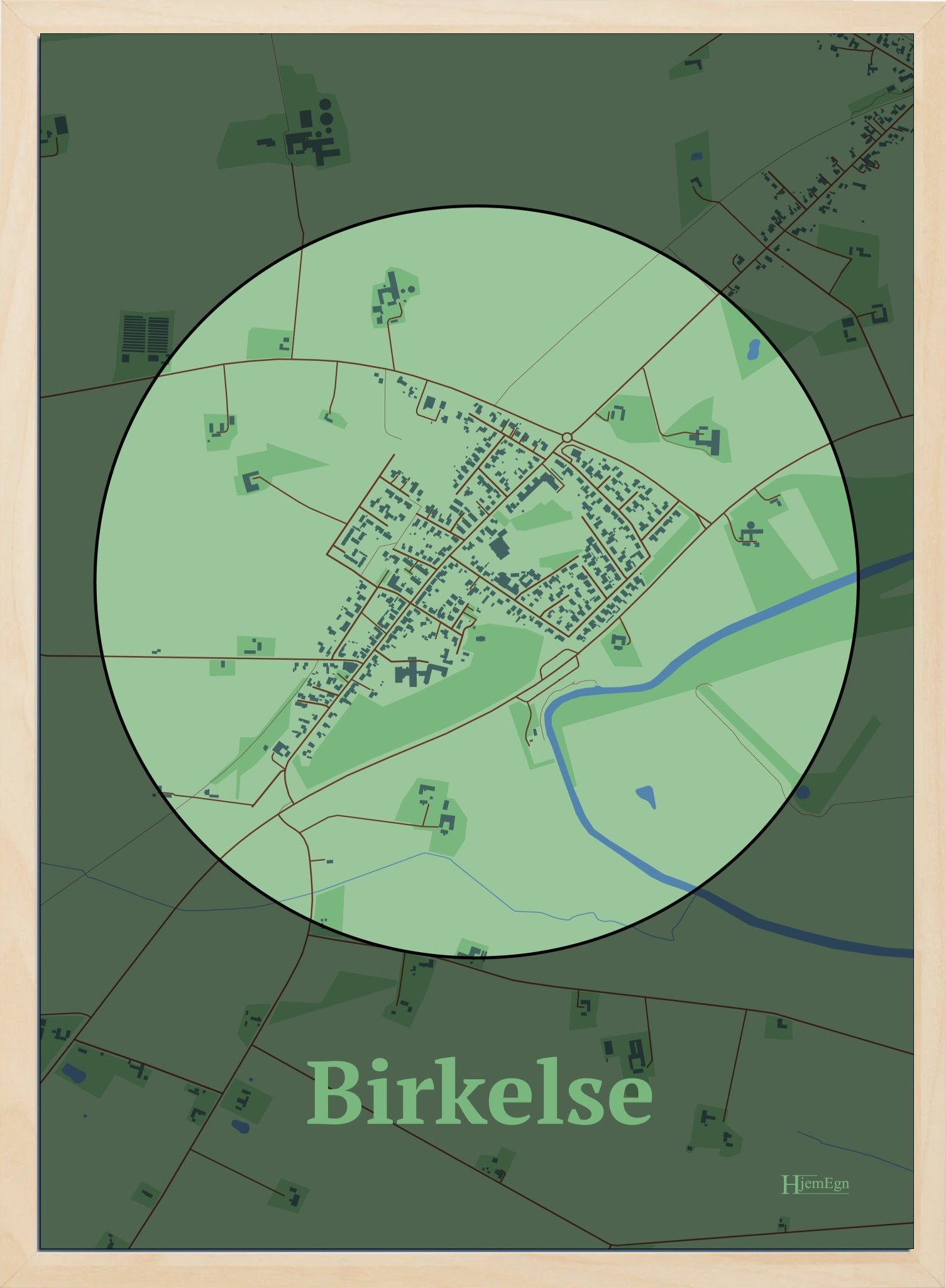 Birkelse plakat i farve pastel grøn og HjemEgn.dk design centrum. Design bykort for Birkelse
