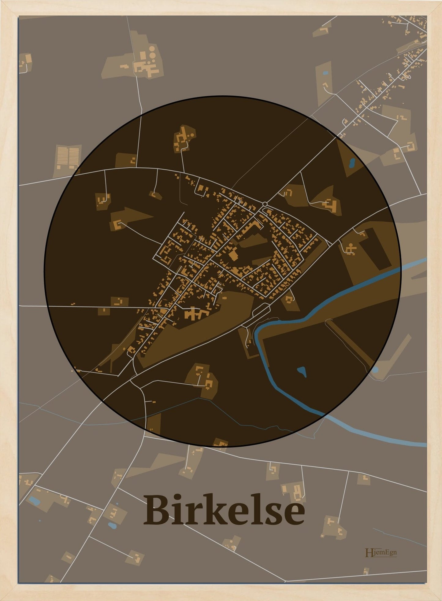 Birkelse plakat i farve mørk brun og HjemEgn.dk design centrum. Design bykort for Birkelse