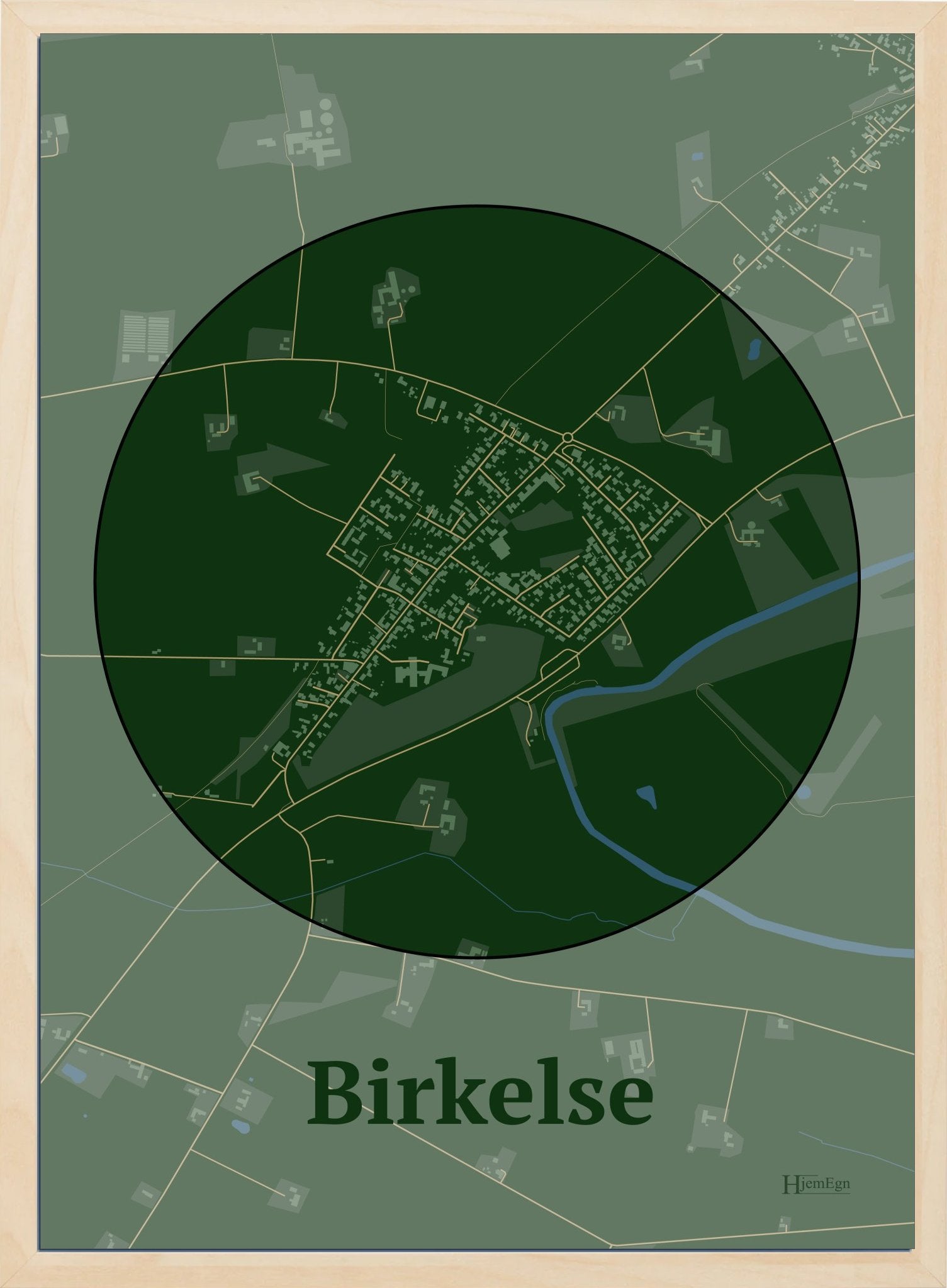 Birkelse plakat i farve mørk grøn og HjemEgn.dk design centrum. Design bykort for Birkelse