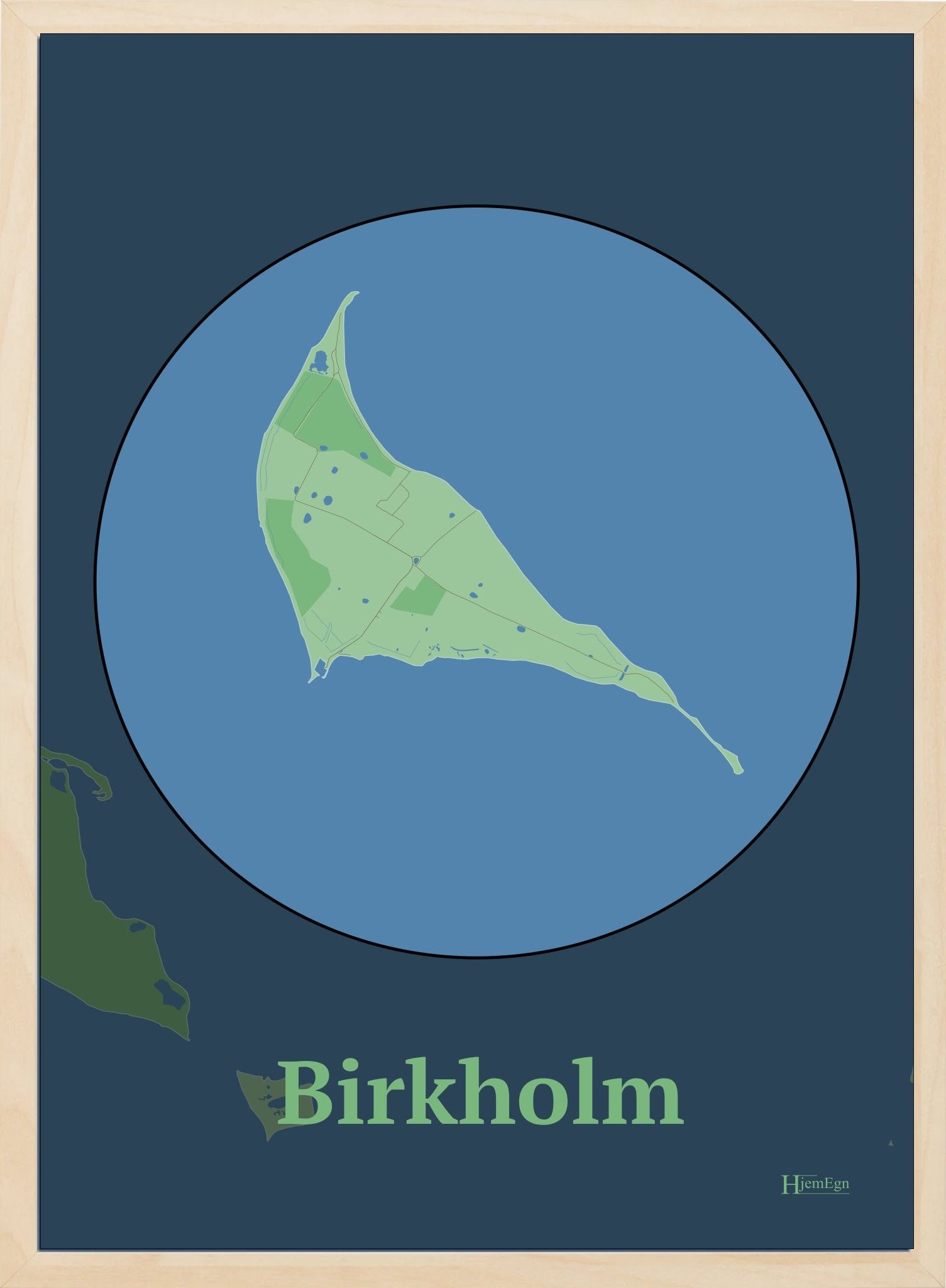 Birkholm plakat i farve pastel grøn og HjemEgn.dk design centrum. Design ø-kort for Birkholm