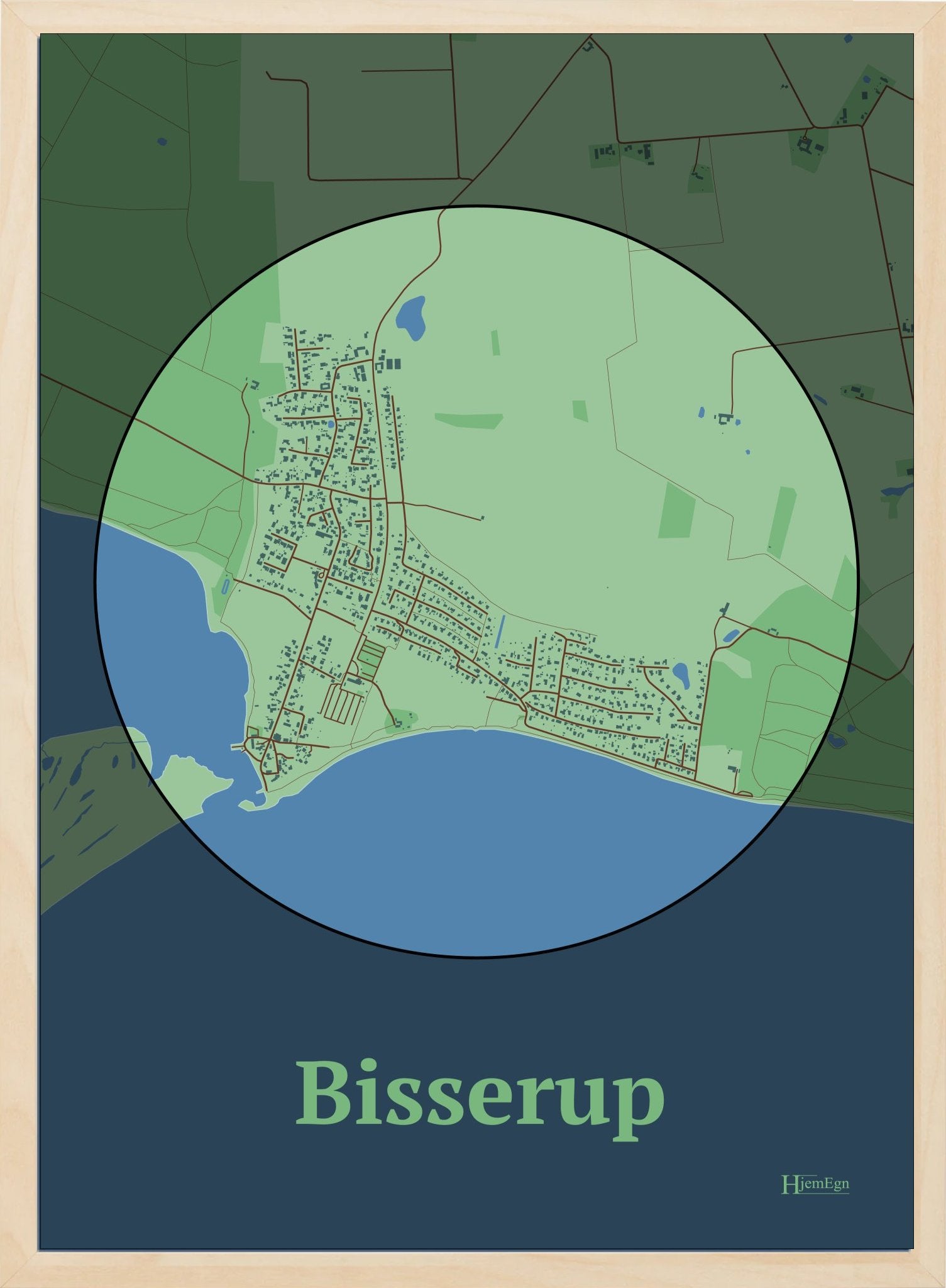 Bisserup plakat i farve pastel grøn og HjemEgn.dk design centrum. Design bykort for Bisserup