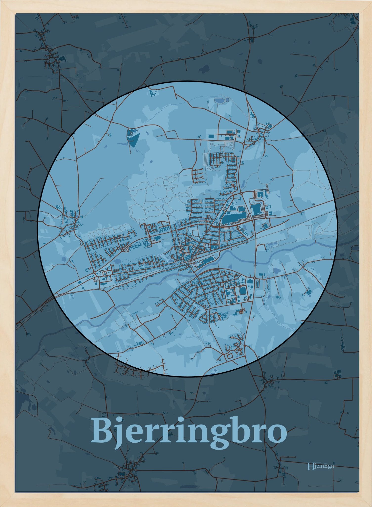 Bjerringbro plakat i farve pastel blå og HjemEgn.dk design centrum. Design bykort for Bjerringbro