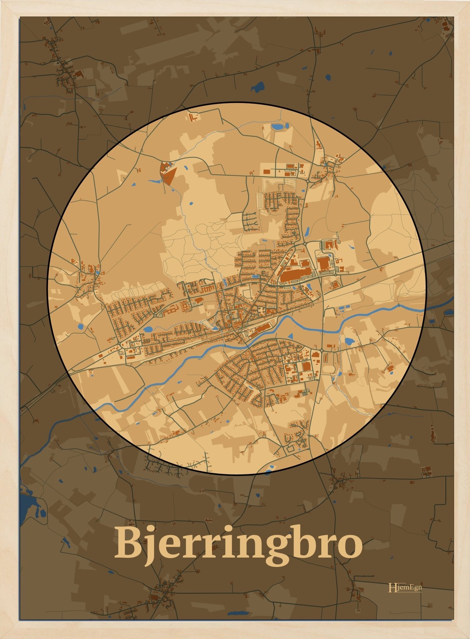 Bjerringbro plakat i farve pastel brun og HjemEgn.dk design centrum. Design bykort for Bjerringbro