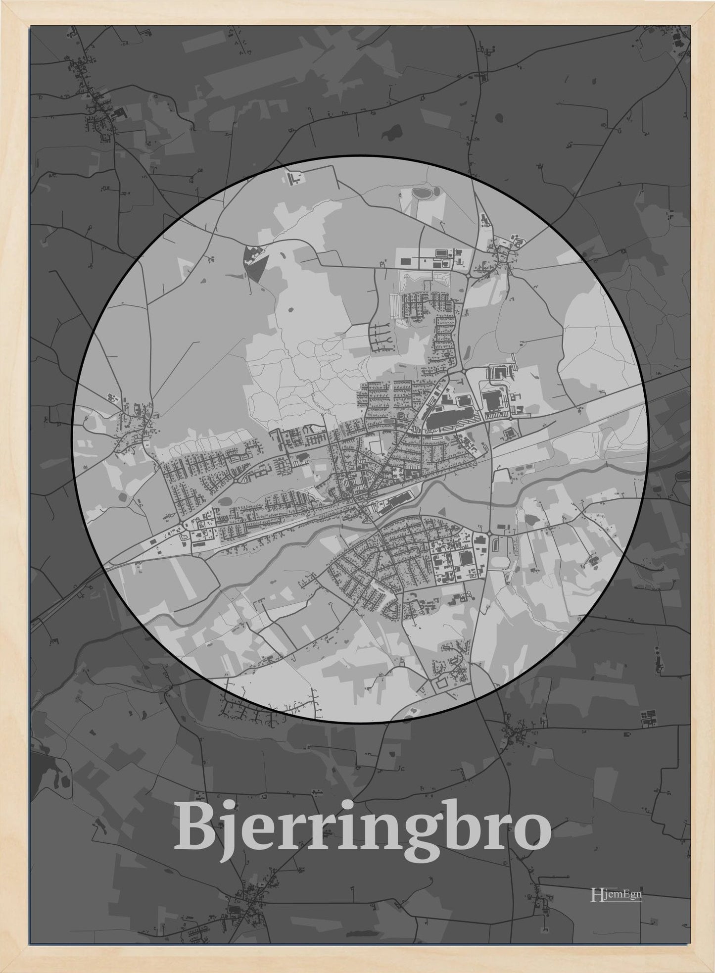 Bjerringbro plakat i farve pastel grå og HjemEgn.dk design centrum. Design bykort for Bjerringbro