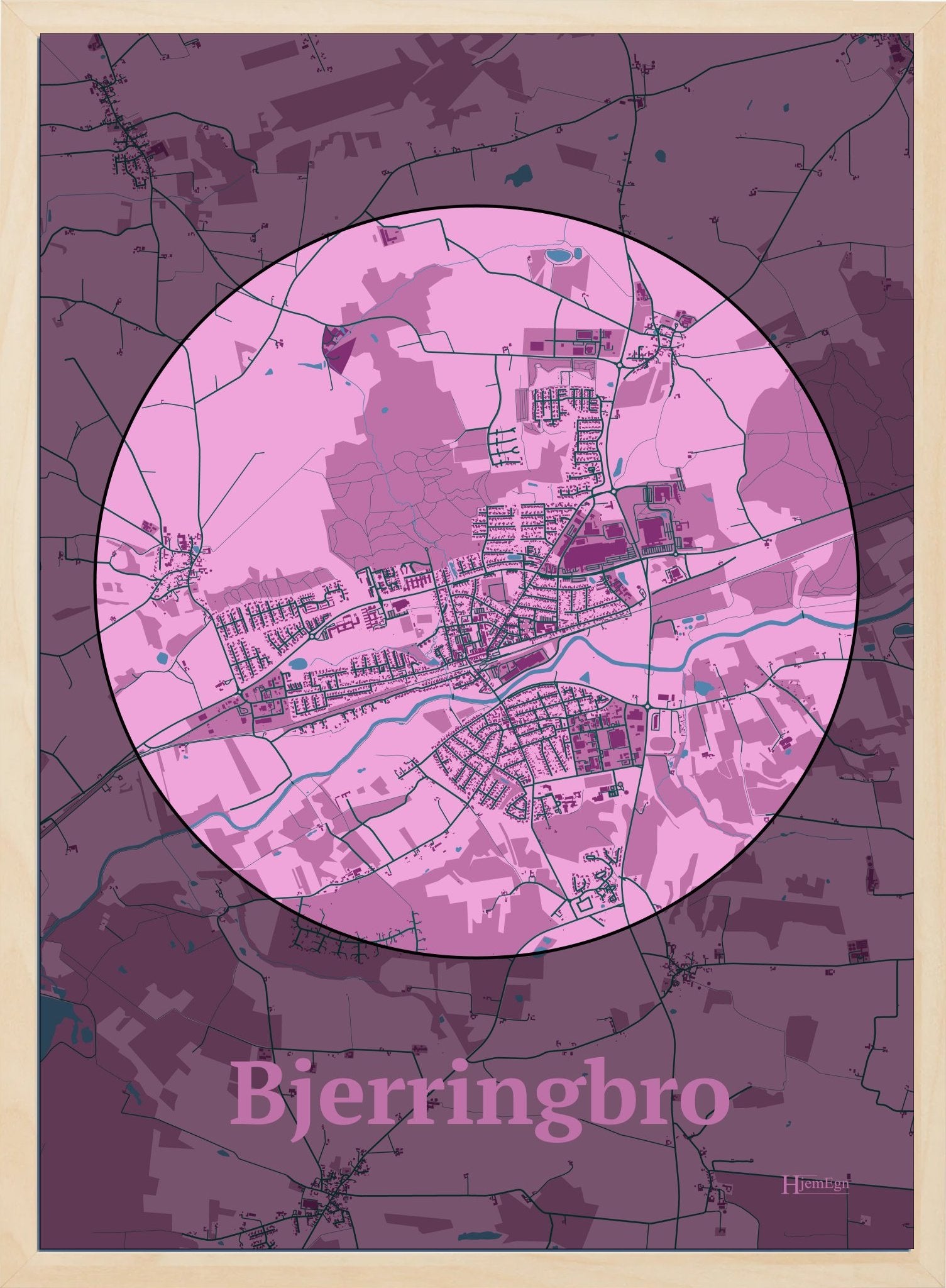 Bjerringbro plakat i farve pastel rød og HjemEgn.dk design centrum. Design bykort for Bjerringbro