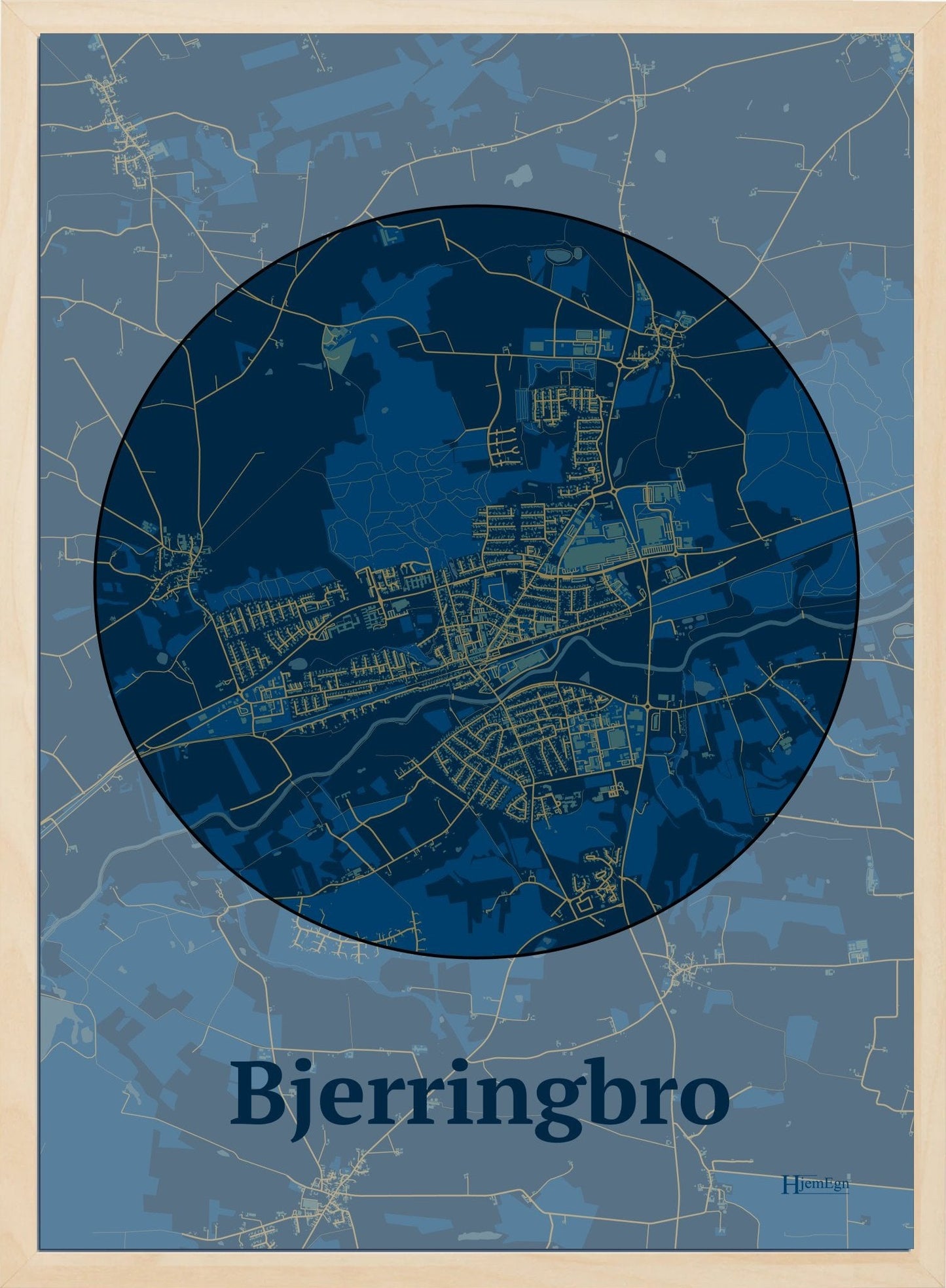 Bjerringbro plakat i farve mørk blå og HjemEgn.dk design centrum. Design bykort for Bjerringbro
