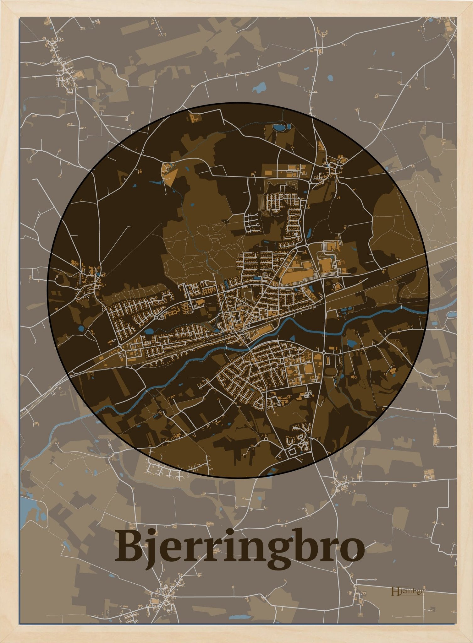 Bjerringbro plakat i farve mørk brun og HjemEgn.dk design centrum. Design bykort for Bjerringbro