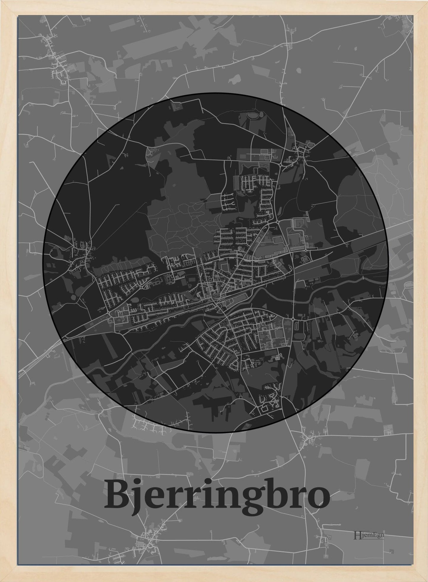 Bjerringbro plakat i farve mørk grå og HjemEgn.dk design centrum. Design bykort for Bjerringbro