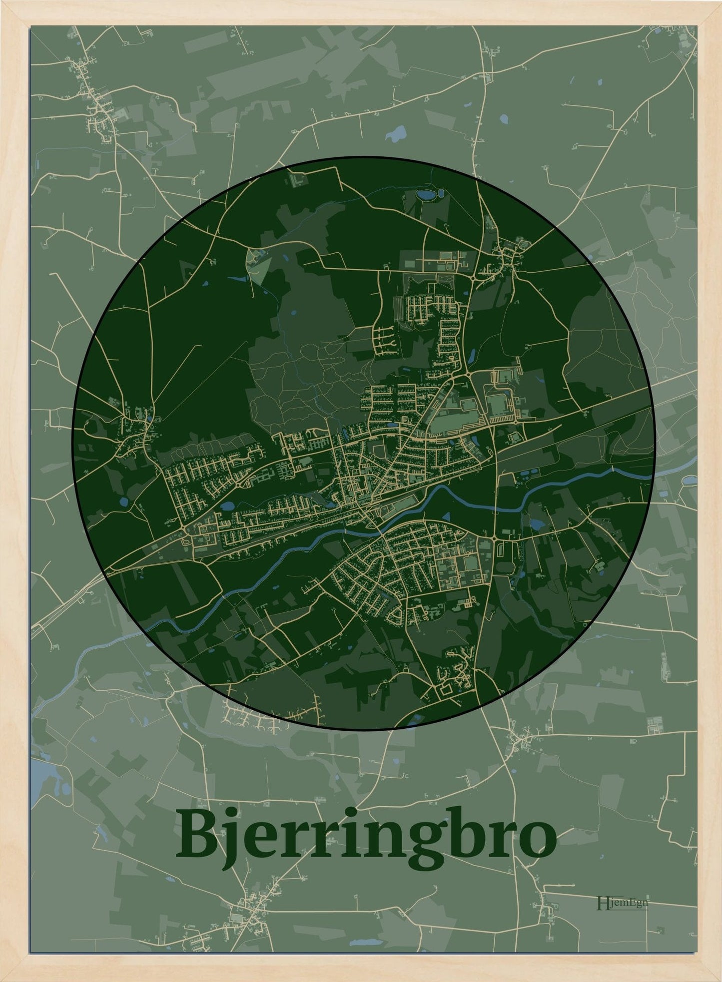 Bjerringbro plakat i farve mørk grøn og HjemEgn.dk design centrum. Design bykort for Bjerringbro