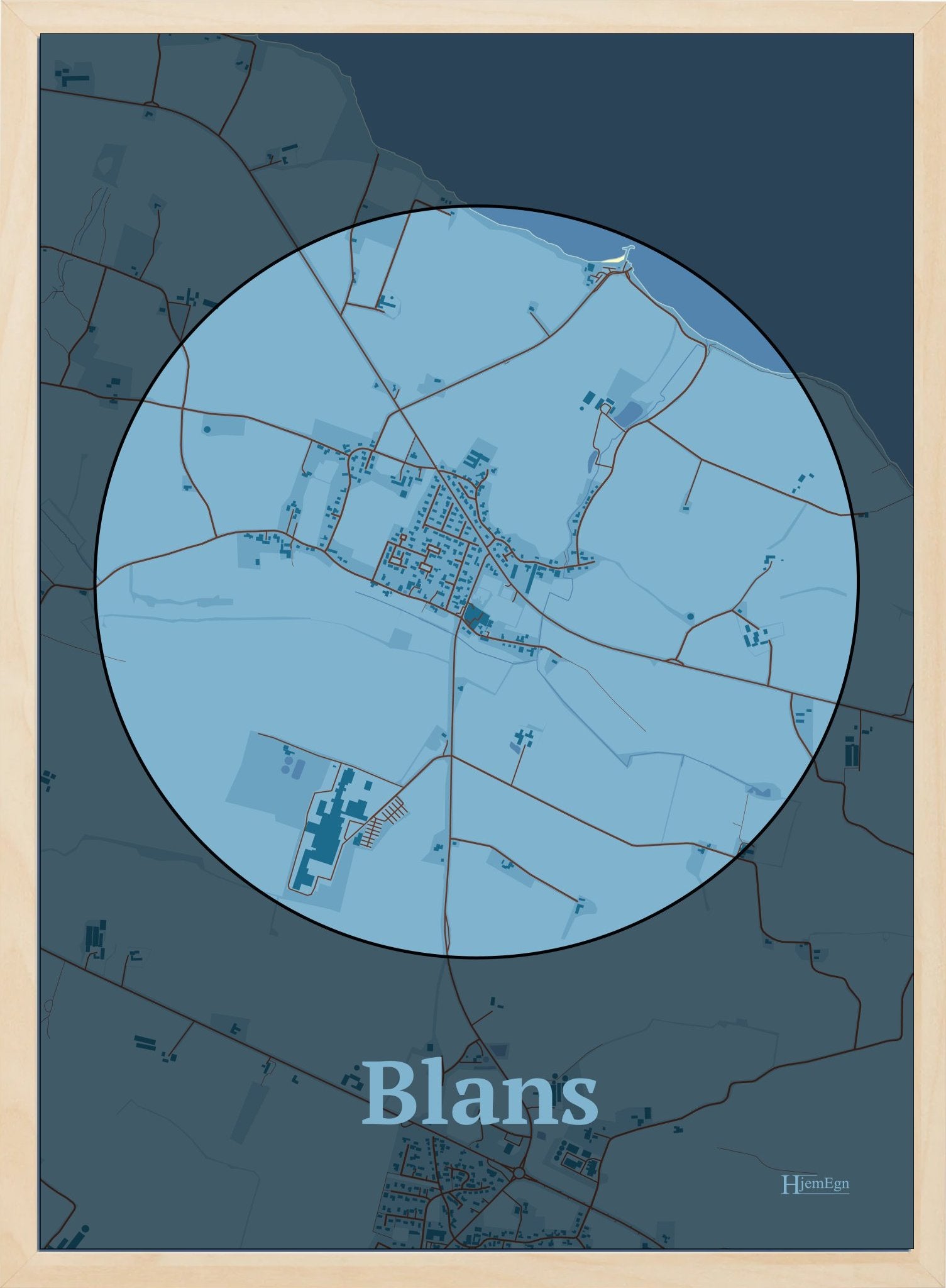 Blans plakat i farve pastel blå og HjemEgn.dk design centrum. Design bykort for Blans