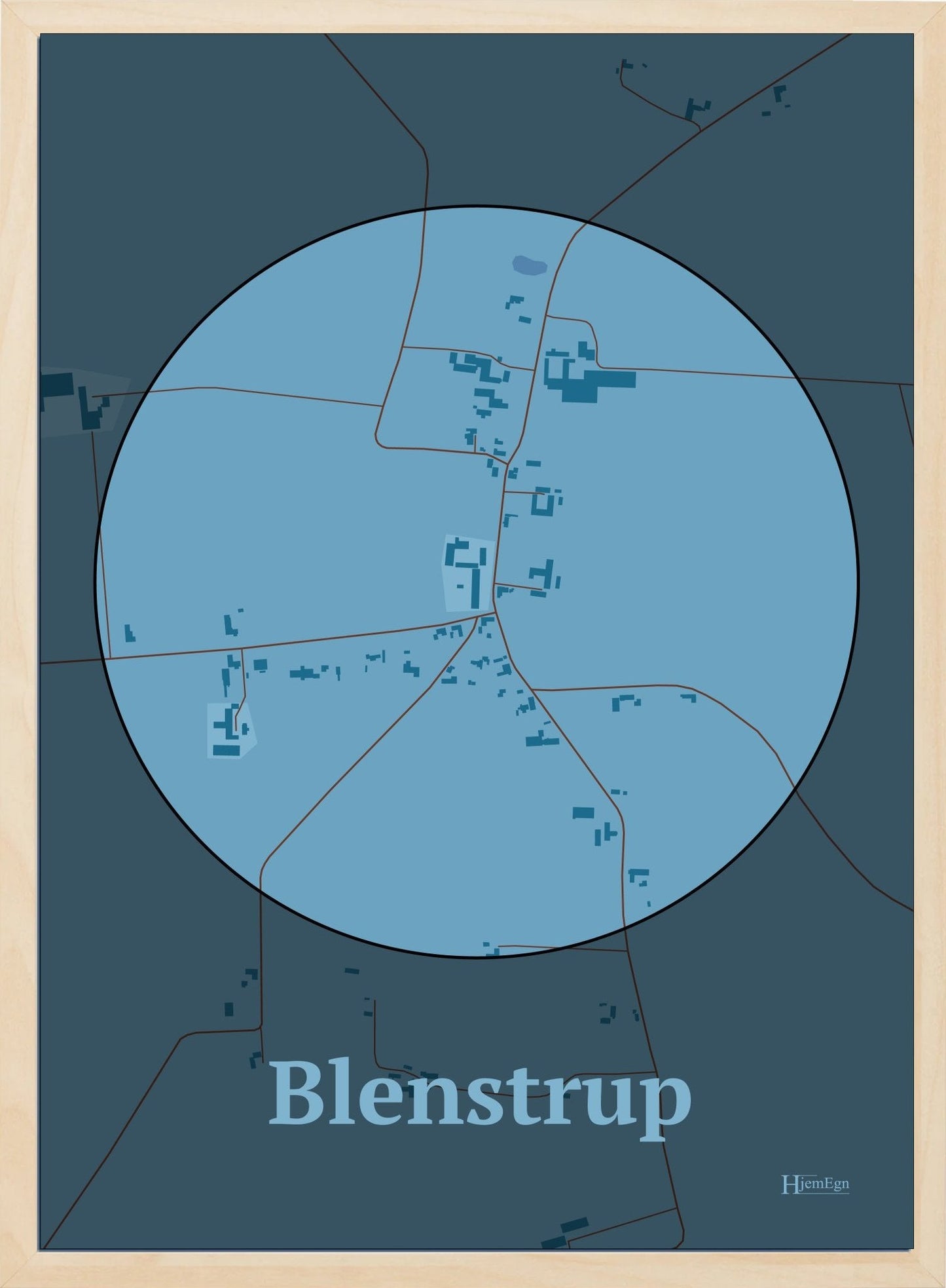 Blenstrup plakat i farve pastel blå og HjemEgn.dk design centrum. Design bykort for Blenstrup