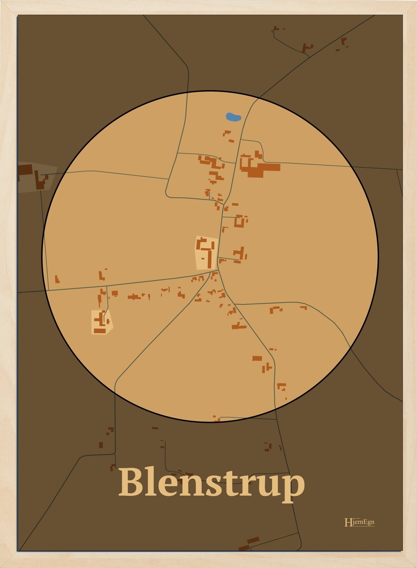 Blenstrup plakat i farve pastel brun og HjemEgn.dk design centrum. Design bykort for Blenstrup