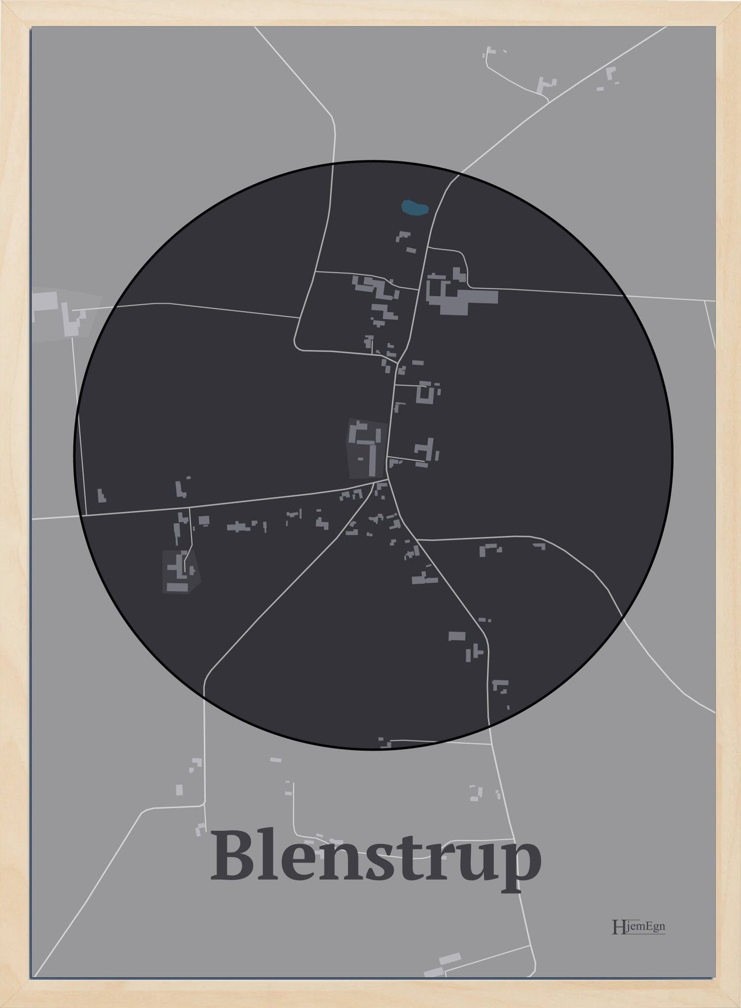 Blenstrup plakat i farve mørk brun og HjemEgn.dk design centrum. Design bykort for Blenstrup
