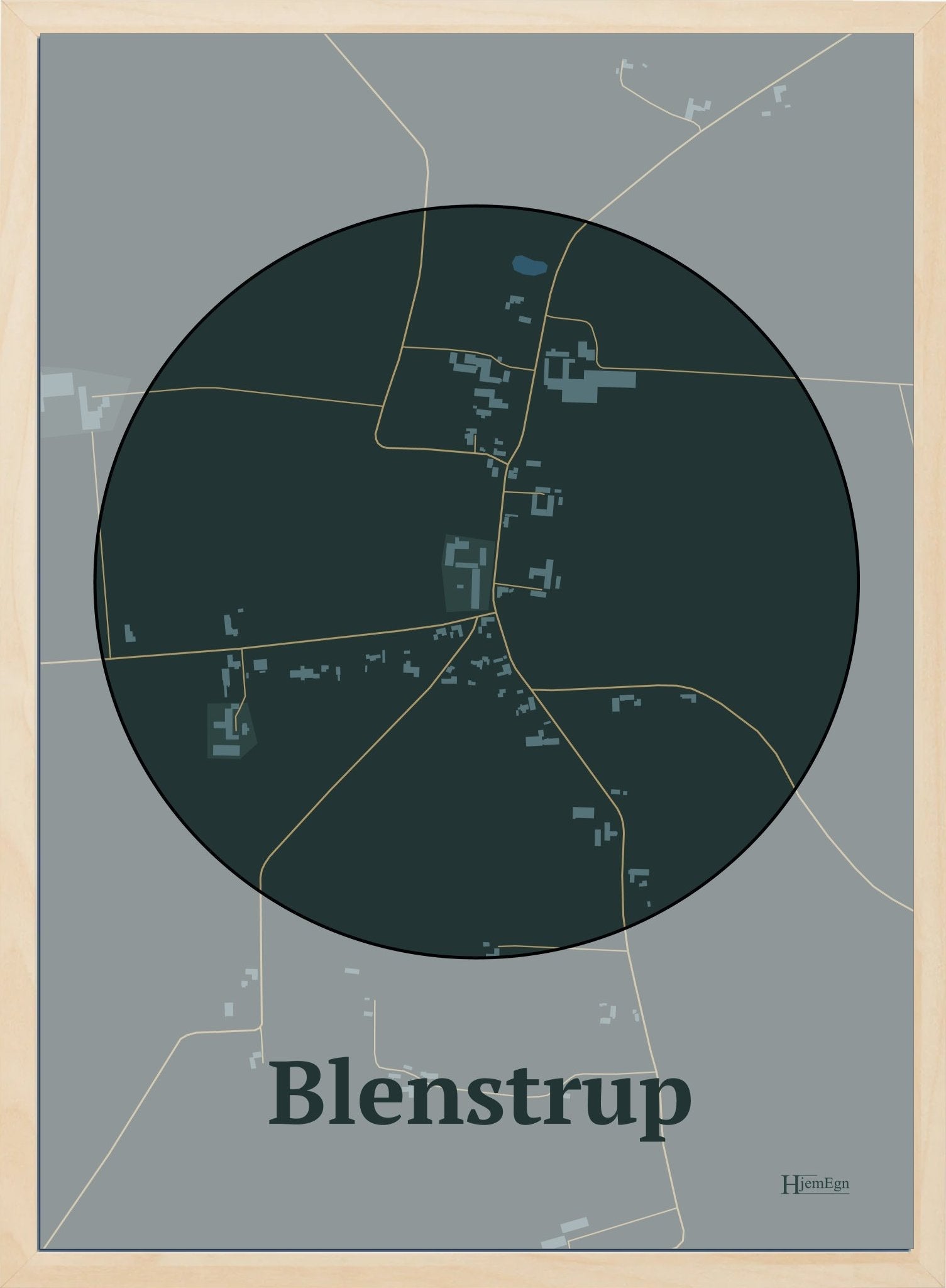 Blenstrup plakat i farve mørk grøn og HjemEgn.dk design centrum. Design bykort for Blenstrup