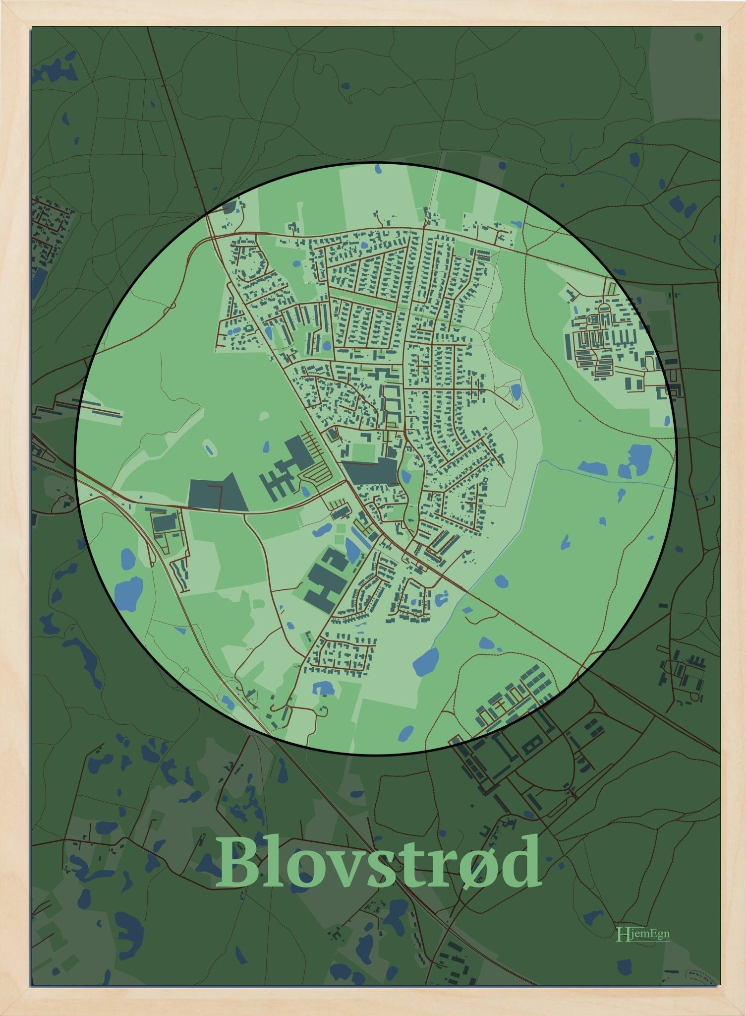 Blovstrød plakat i farve pastel grøn og HjemEgn.dk design centrum. Design bykort for Blovstrød