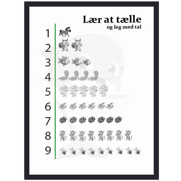 Børneplakat til at lære bogstaver og alfabetet. Der er forskellige illustrerede dyr som passer til de forskellige bogstaver. I sort/hvid.