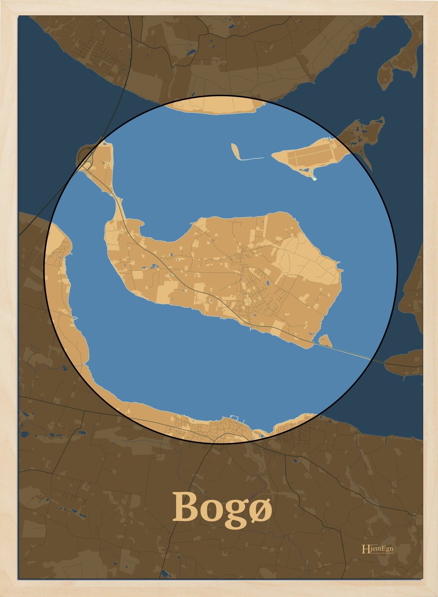 Bogø plakat i farve pastel brun og HjemEgn.dk design centrum. Design ø-kort for Bogø
