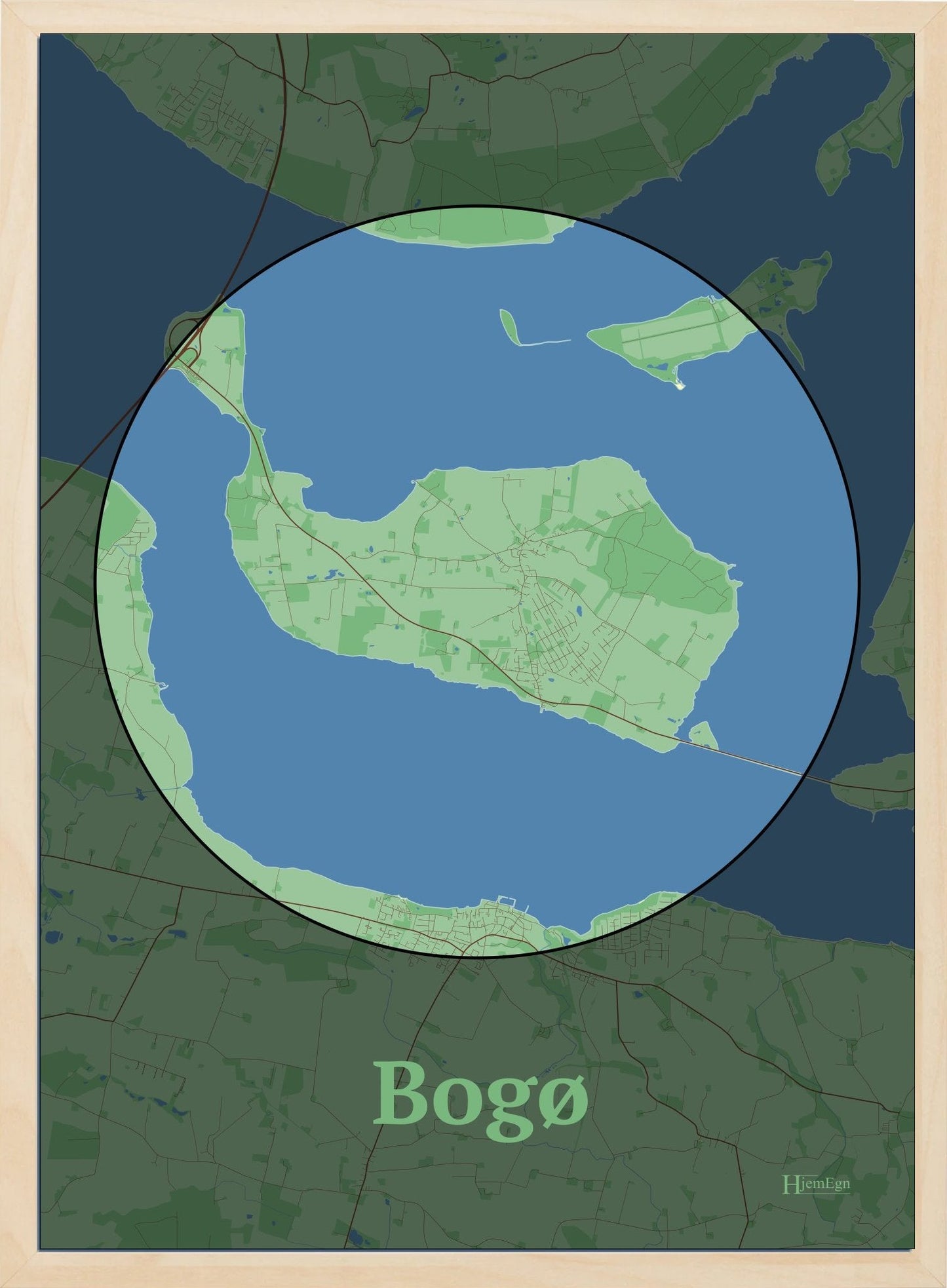 Bogø plakat i farve pastel grøn og HjemEgn.dk design centrum. Design ø-kort for Bogø