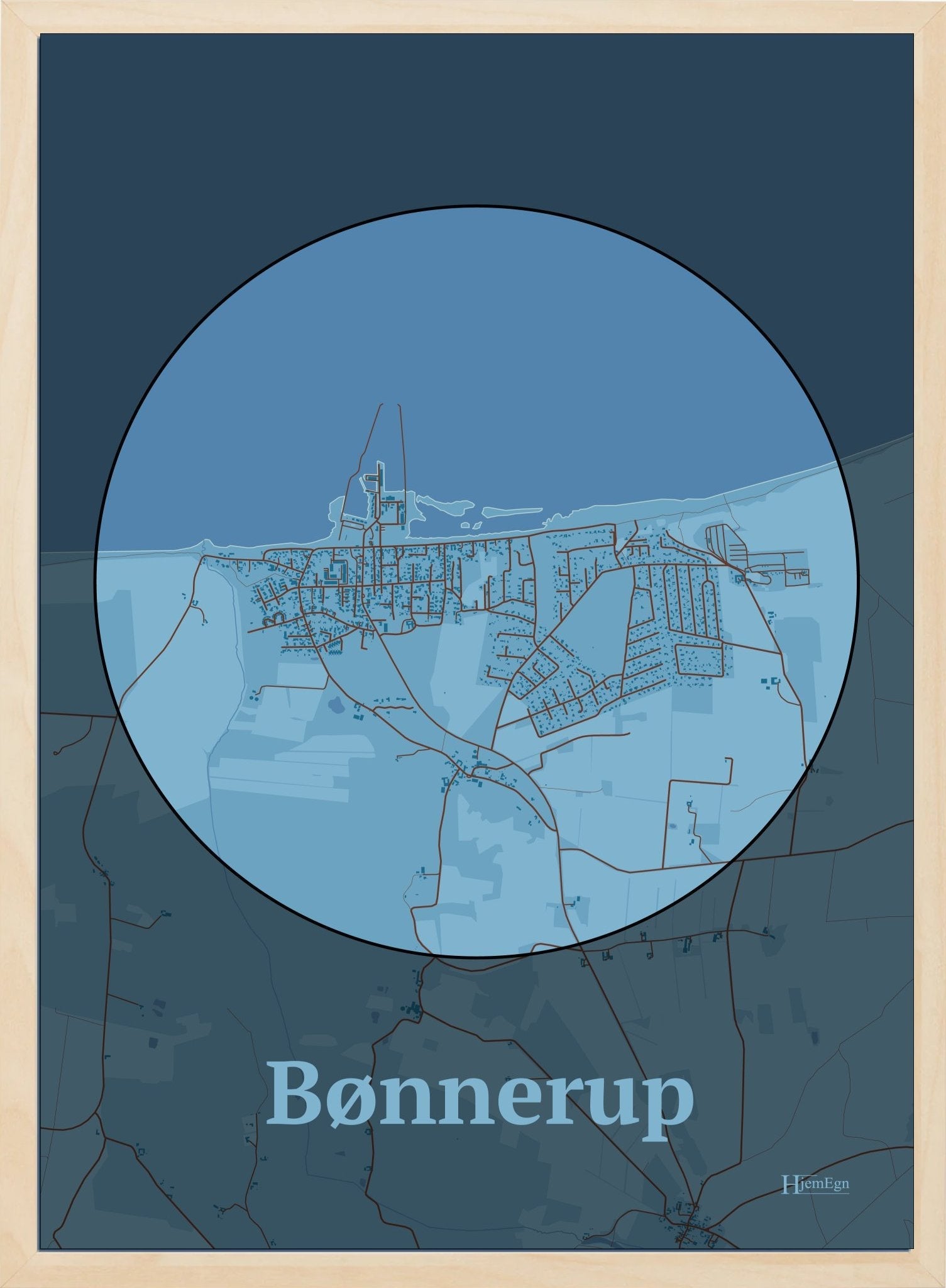 Bønnerup plakat i farve pastel blå og HjemEgn.dk design centrum. Design bykort for Bønnerup