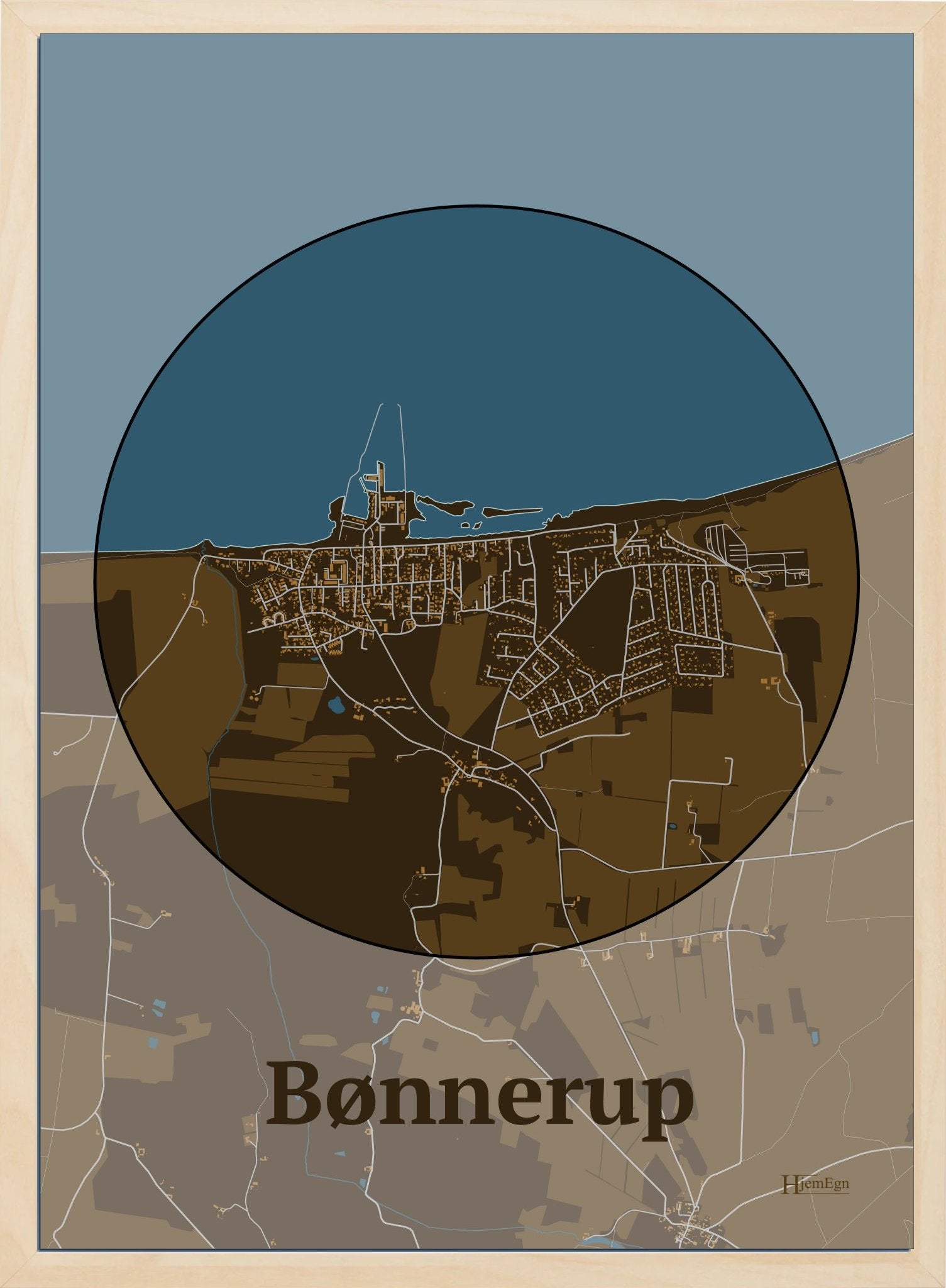 Bønnerup plakat i farve mørk brun og HjemEgn.dk design centrum. Design bykort for Bønnerup