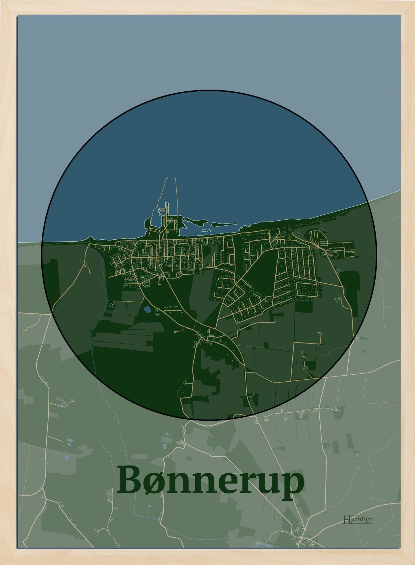 Bønnerup plakat i farve mørk grøn og HjemEgn.dk design centrum. Design bykort for Bønnerup