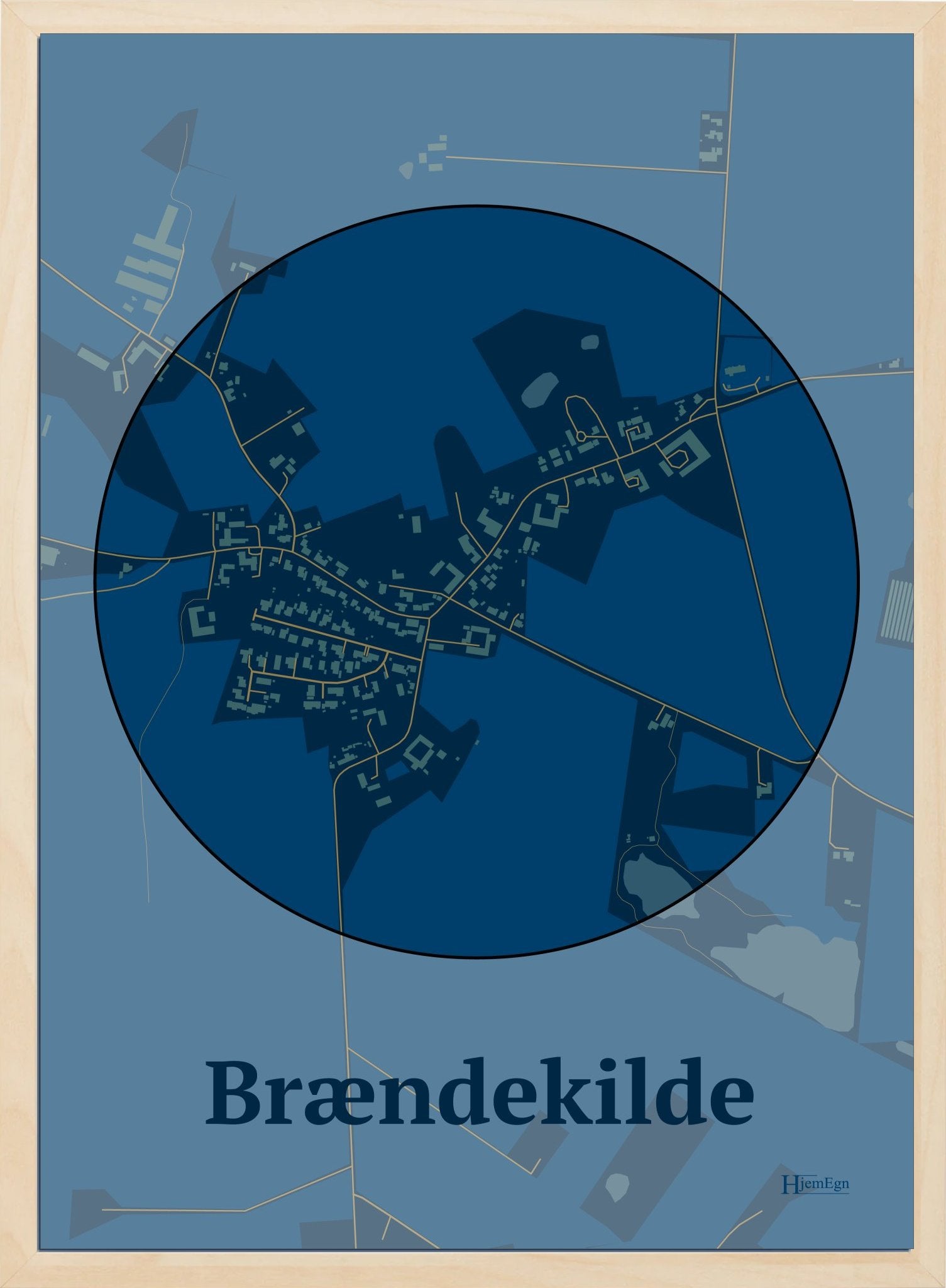 Brændekilde plakat i farve mørk blå og HjemEgn.dk design centrum. Design bykort for Brændekilde