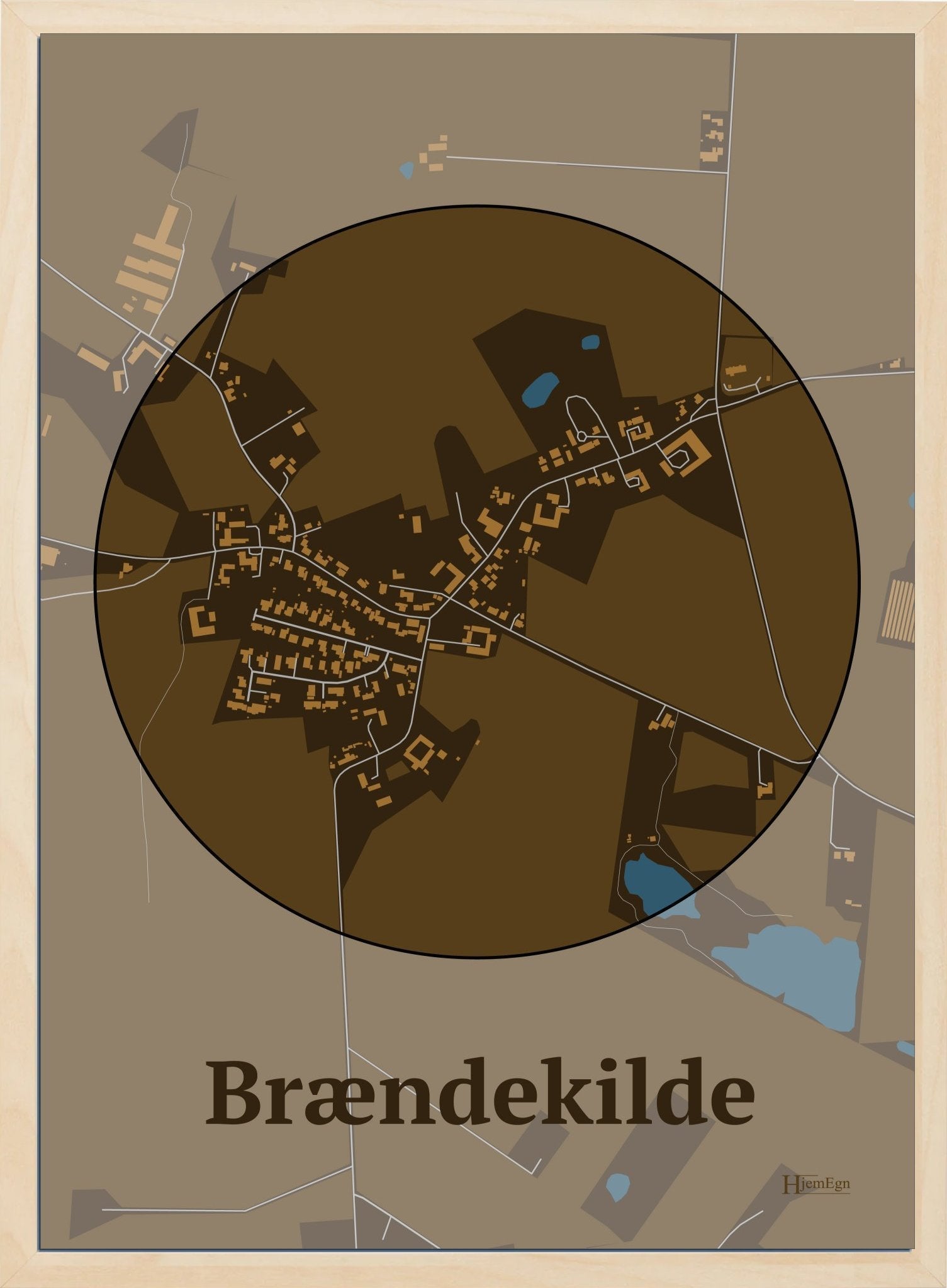 Brændekilde plakat i farve mørk brun og HjemEgn.dk design centrum. Design bykort for Brændekilde
